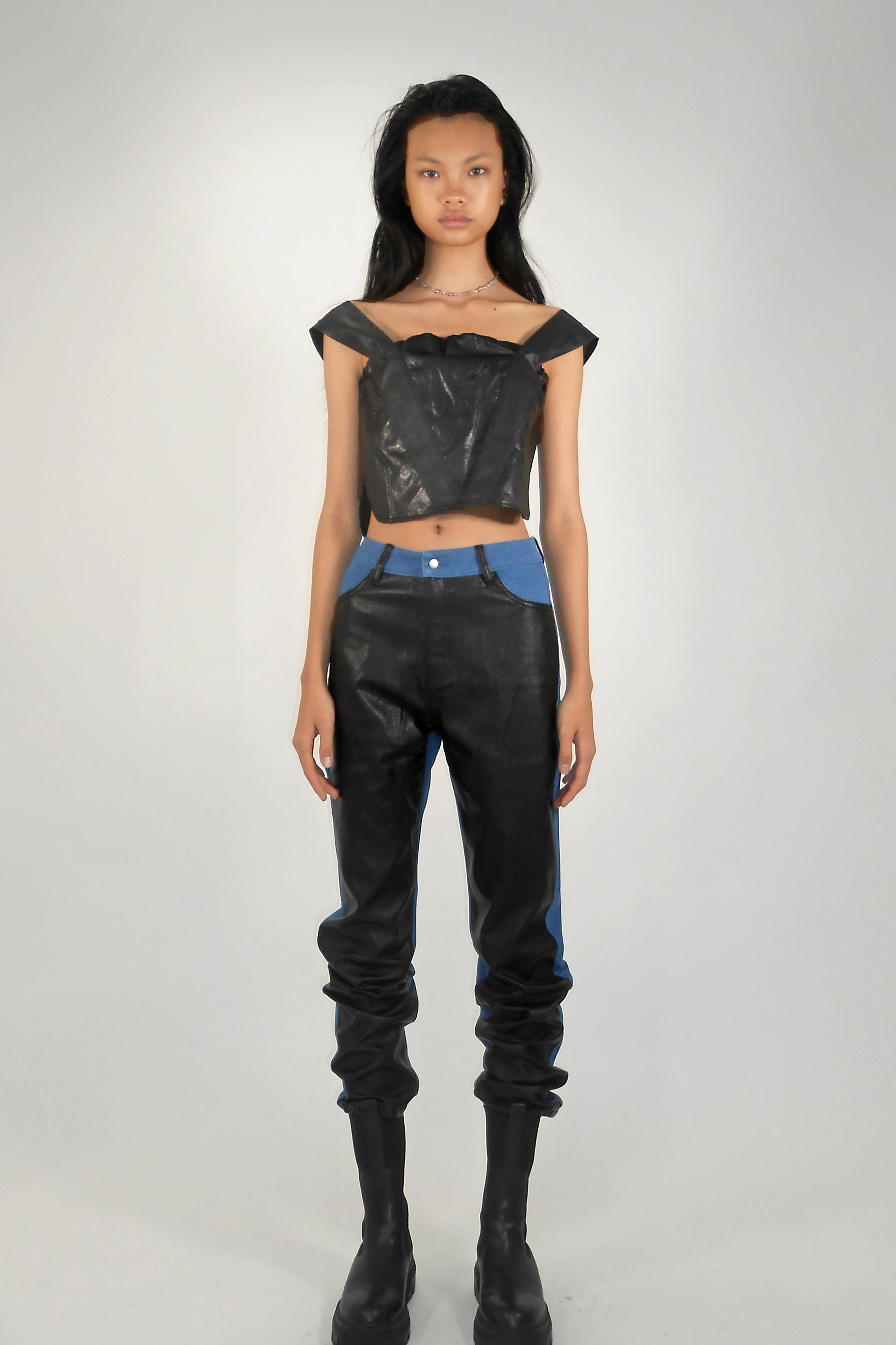 FAKE LEATHER BICOLOR DENIM / BLACK
