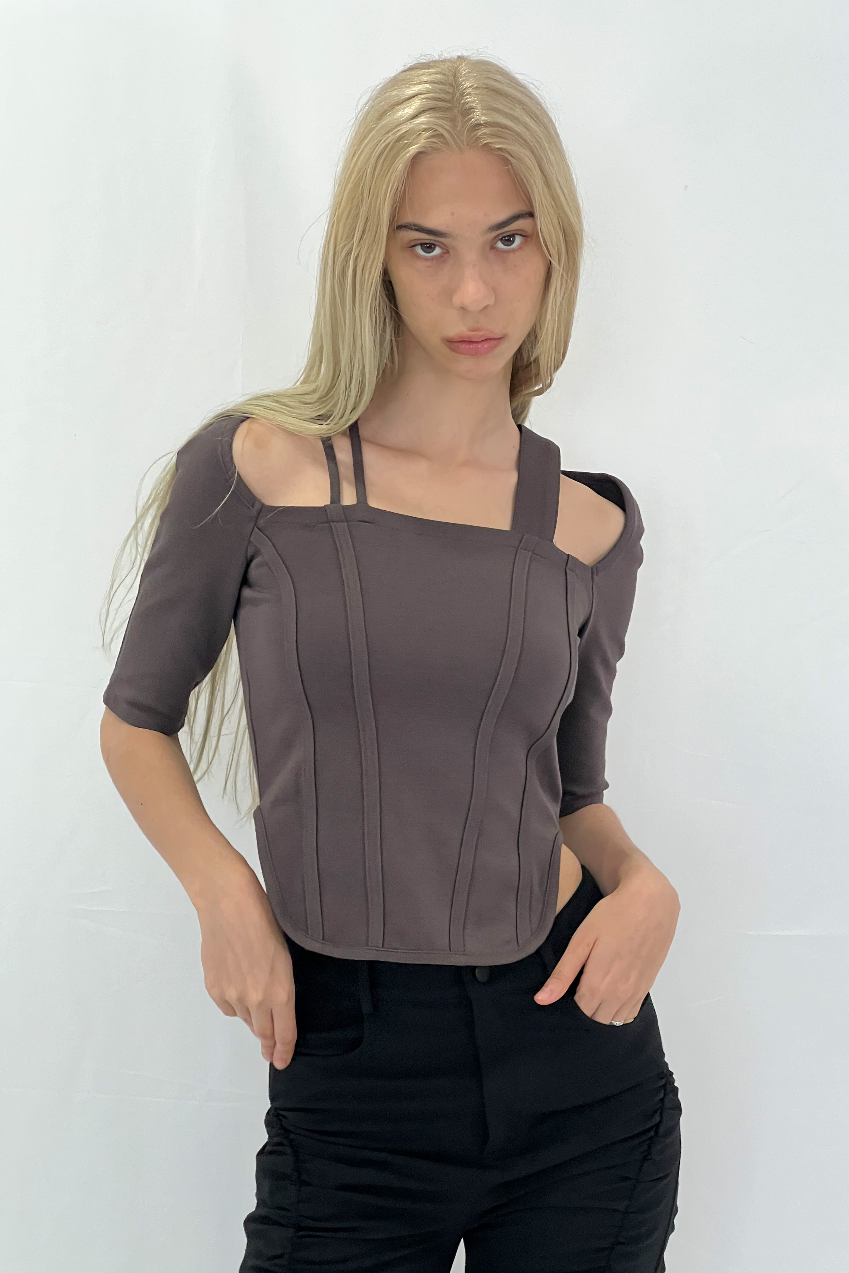 SQUARE NECK TIGHT TOPS / GRAY