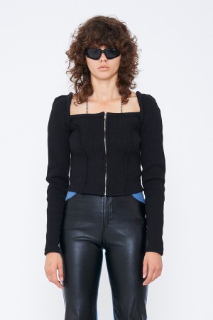 SQUARE NECK RIB CARDIGAN / BLACK