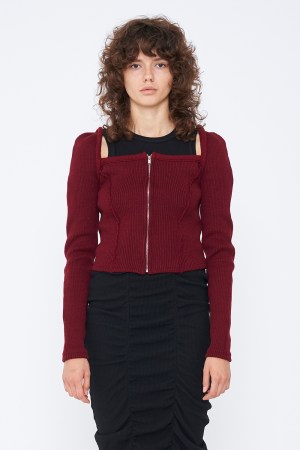SQUARE NECK RIB CARDIGAN / RED