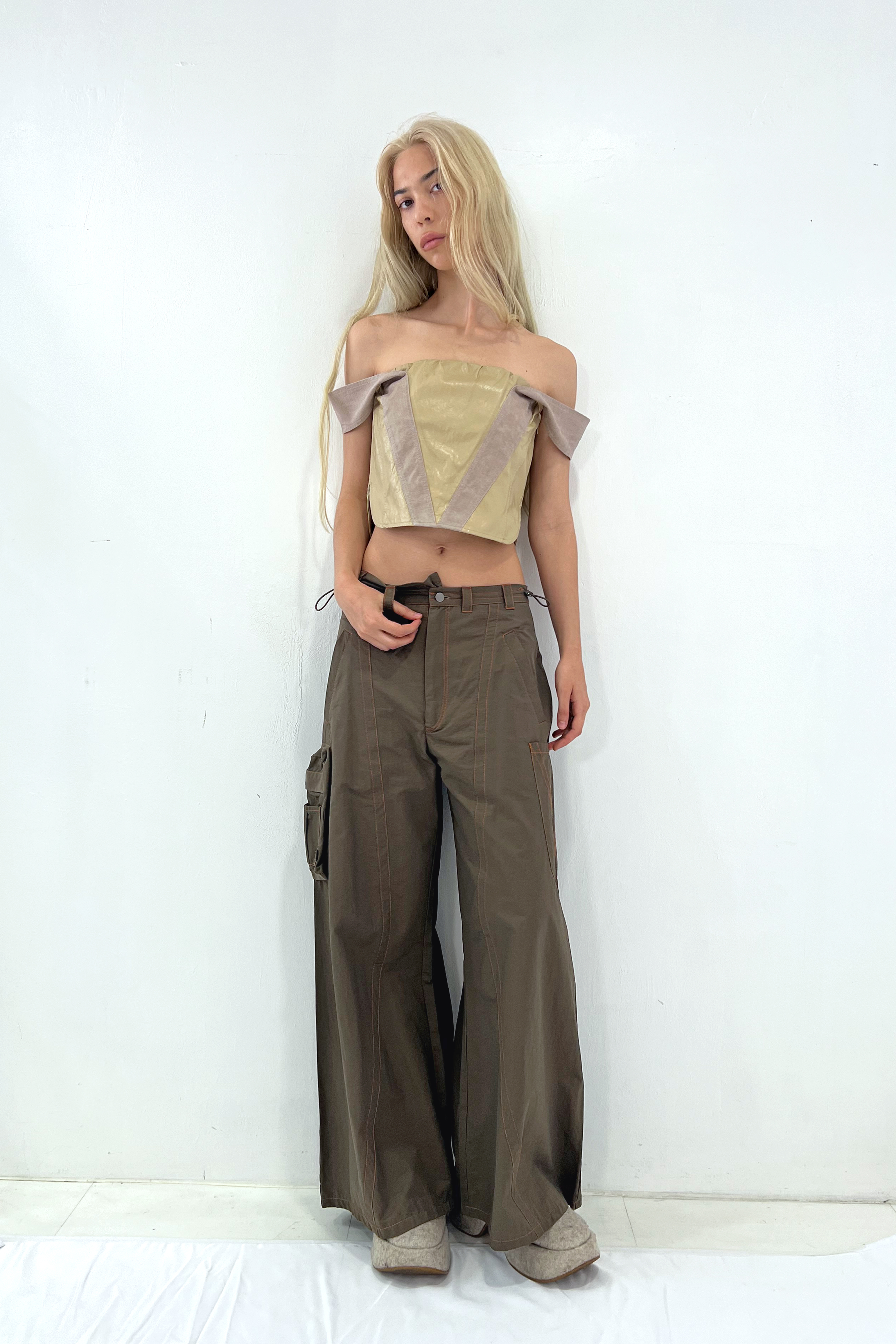 COLOR STITCH BAGGY WIDE PANTS / KHAKI