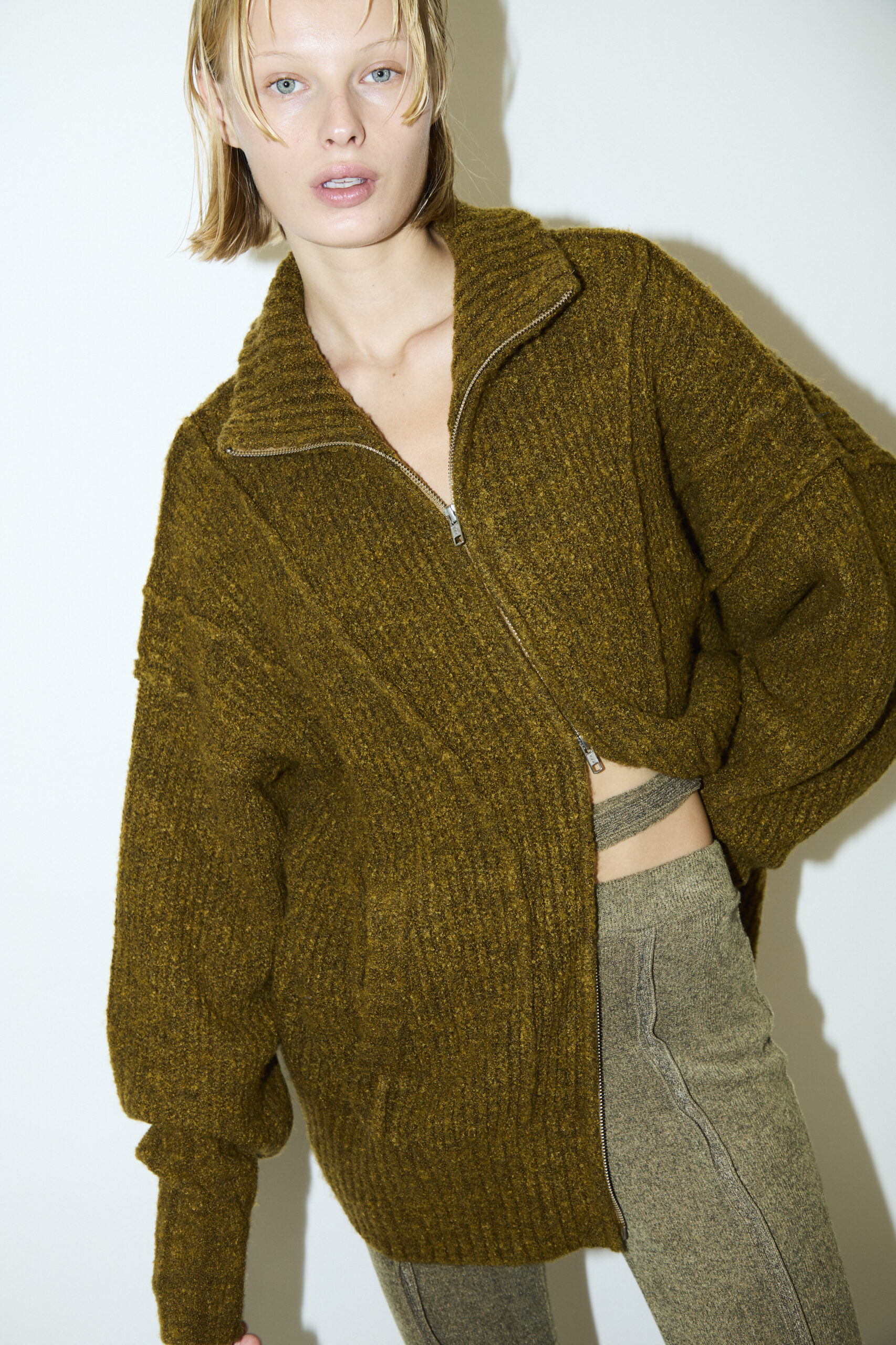 DOUBLE ZIP WOOL KNIT CARDIGAN / YELLOW