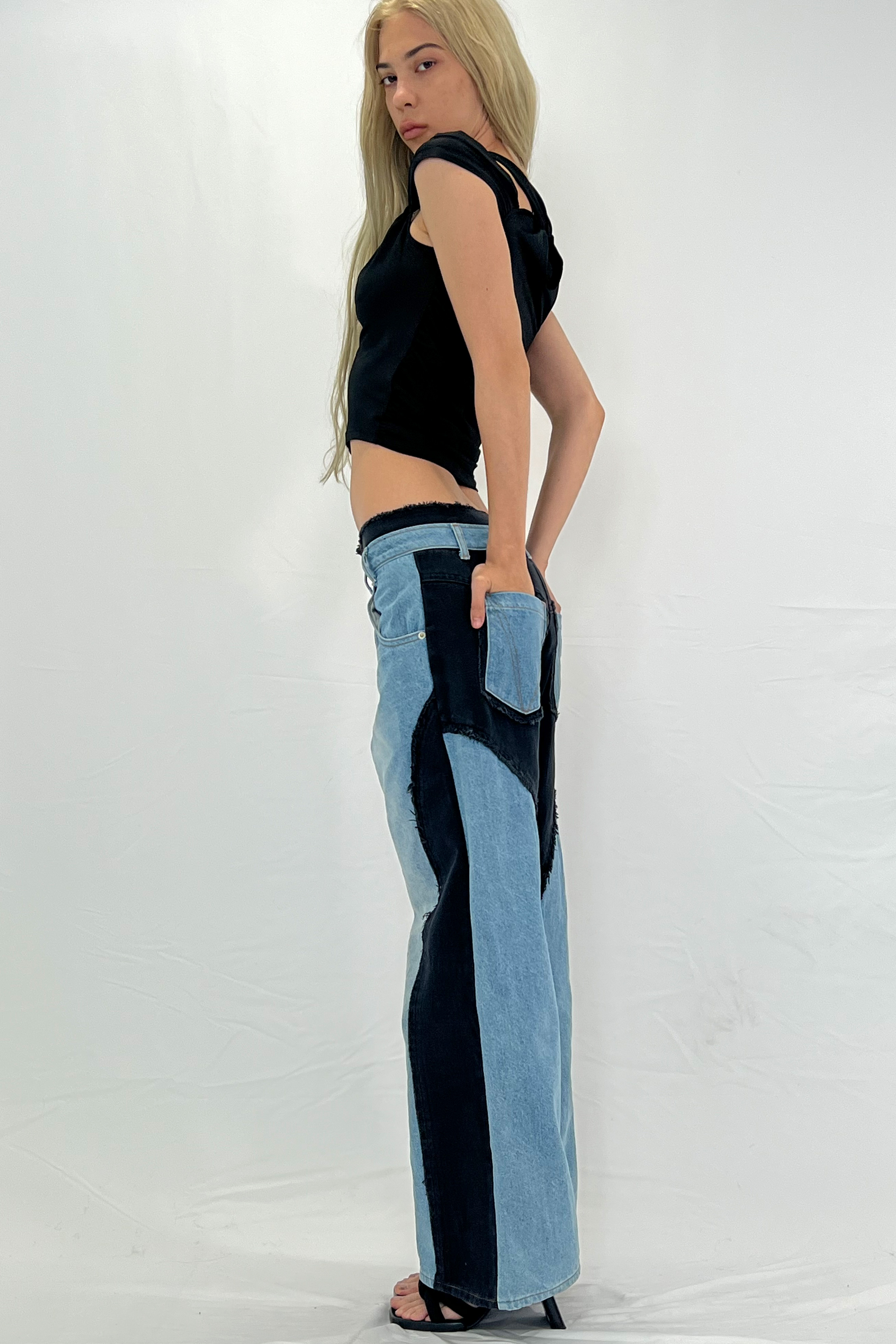 BICOLOR FRAY STRAIGHT PANTS / BLUE
