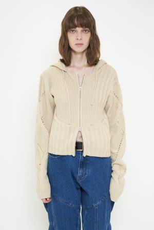 DOUBLE ZIP KNIT HOODIE / IVORY