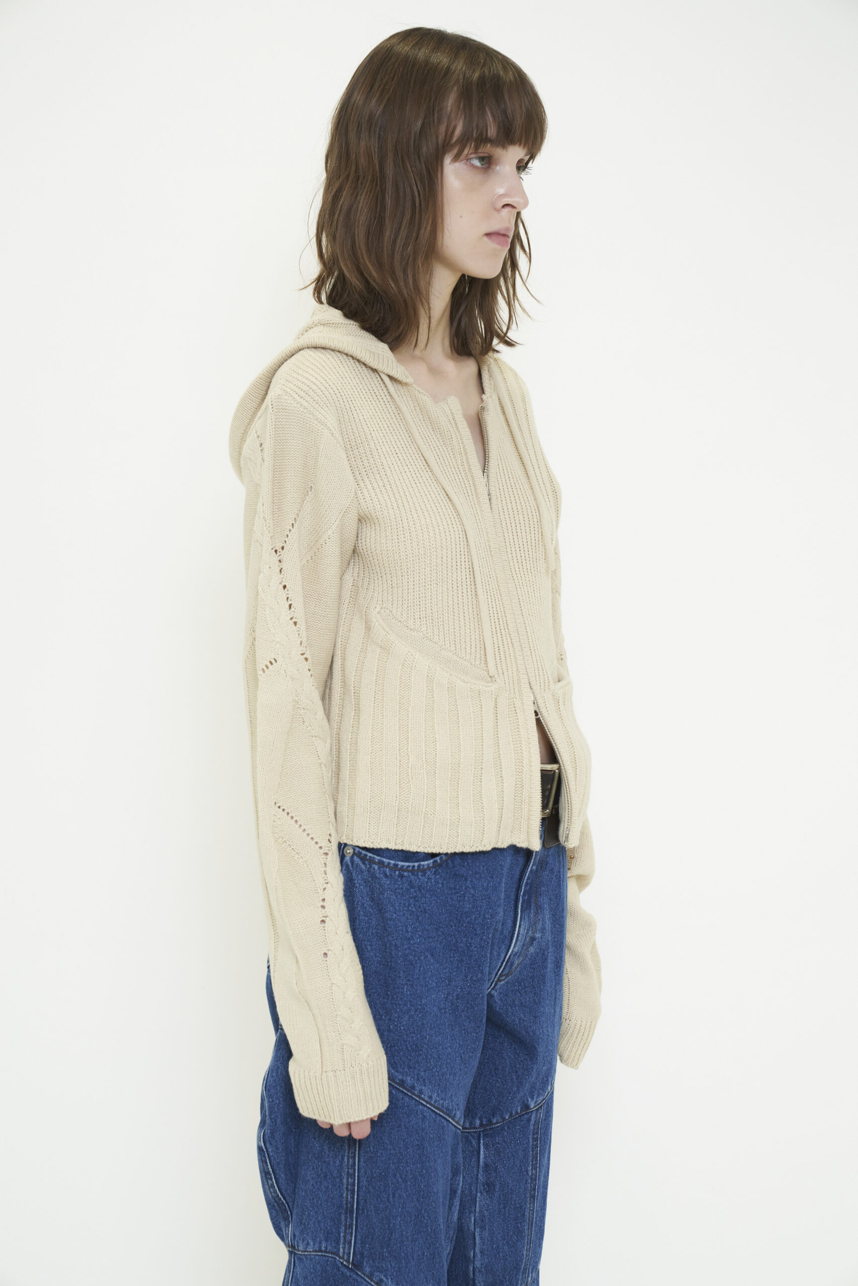 DOUBLE ZIP KNIT HOODIE / IVORY