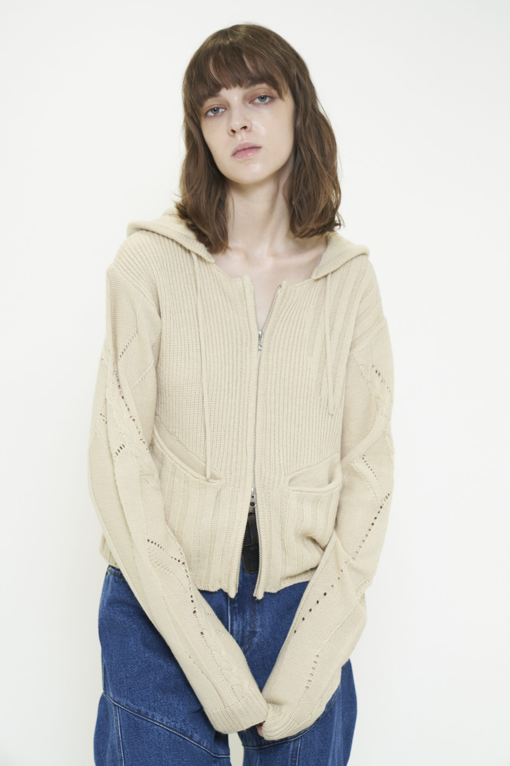 DOUBLE ZIP KNIT HOODIE / IVORY