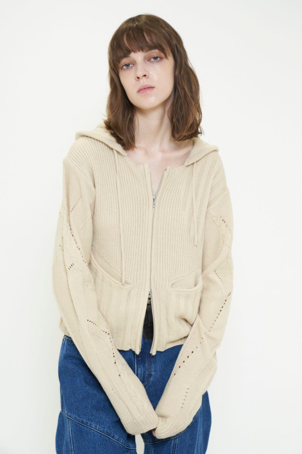DOUBLE ZIP KNIT HOODIE / IVORY – VIAVANDA