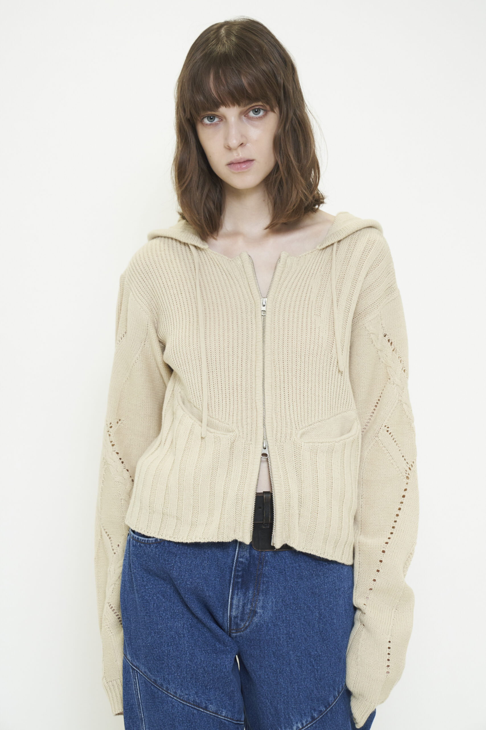 DOUBLE ZIP KNIT HOODIE / IVORY