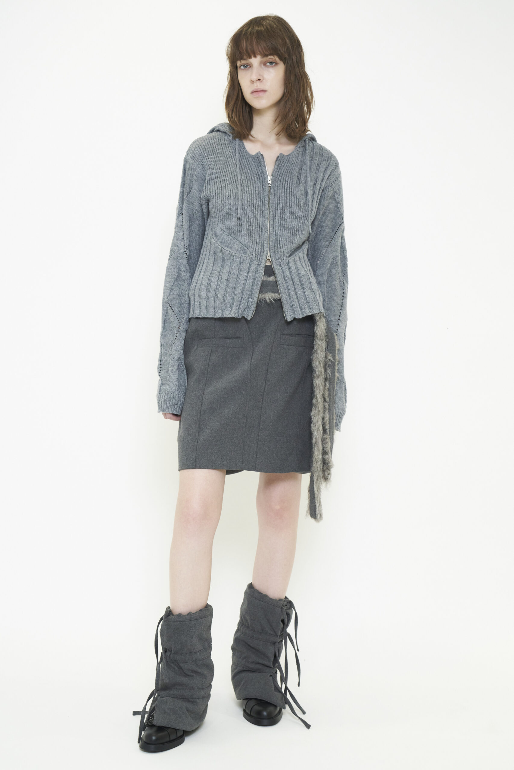 FUR BELT MIDI SKIRT / GRAY