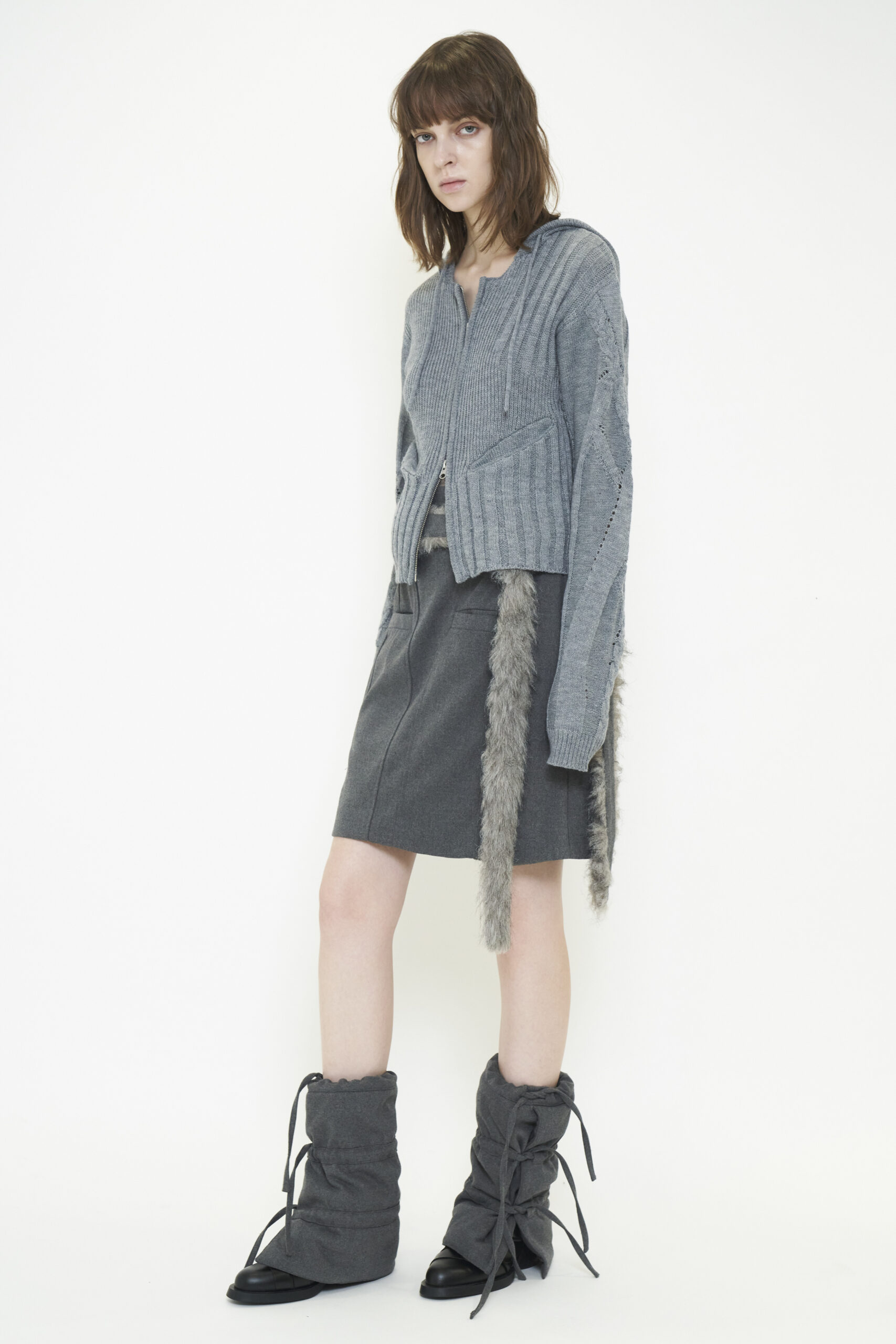 FUR BELT MIDI SKIRT / GRAY