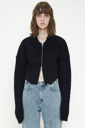 CUTTING DOUBLE ZIP KNIT CARDIGAN / BLACK
