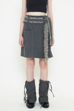 FUR BELT MIDI SKIRT / GRAY