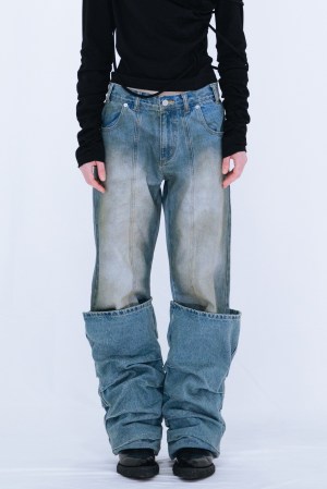 OVERLAP TUCK DENIM PANTS / BLUE