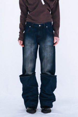 OVERLAP TUCK DENIM PANTS / NAVY
