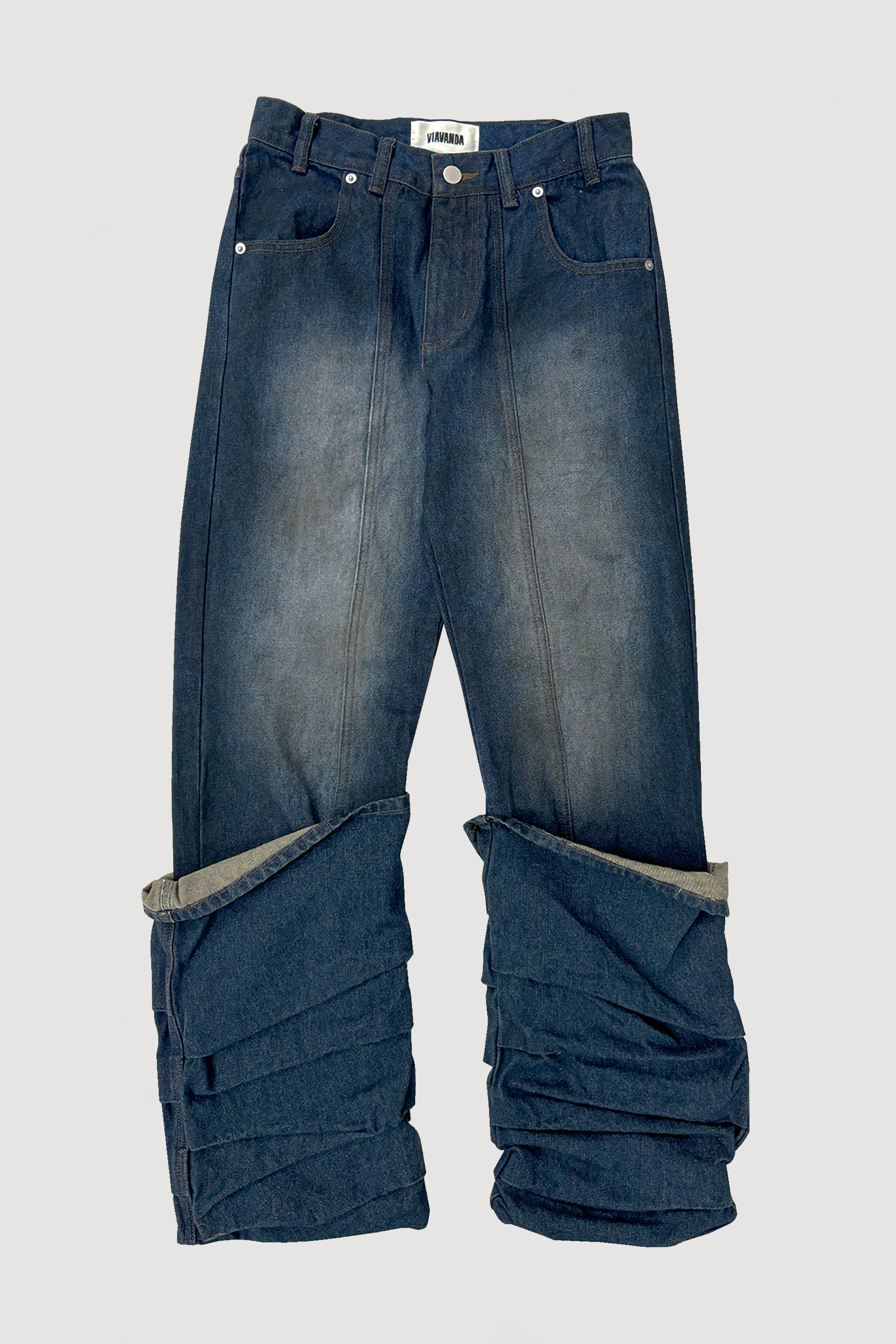 OVERLAP TUCK DENIM PANTS / NAVY