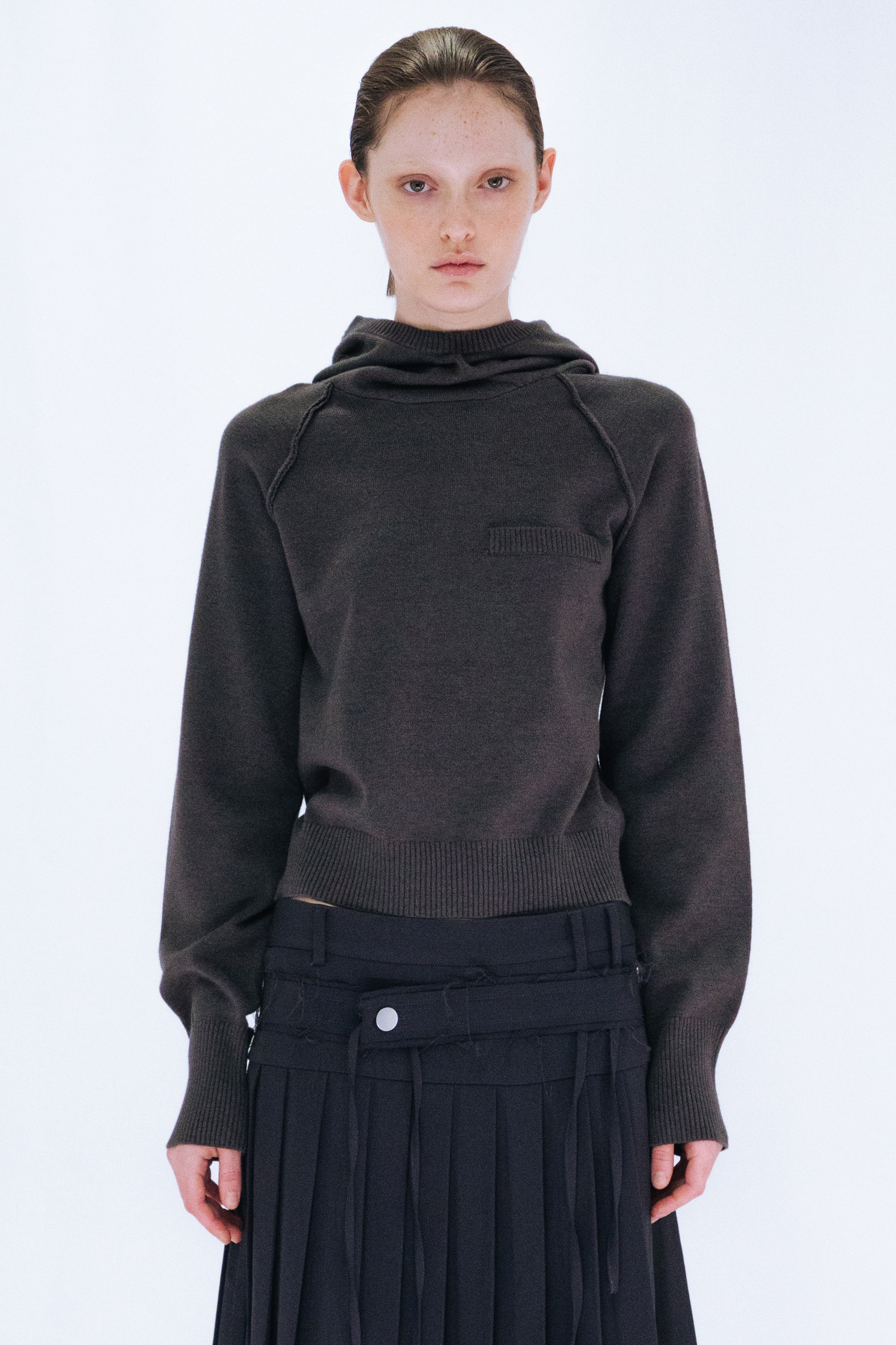 KNIT HOODIE TOP / GRAY