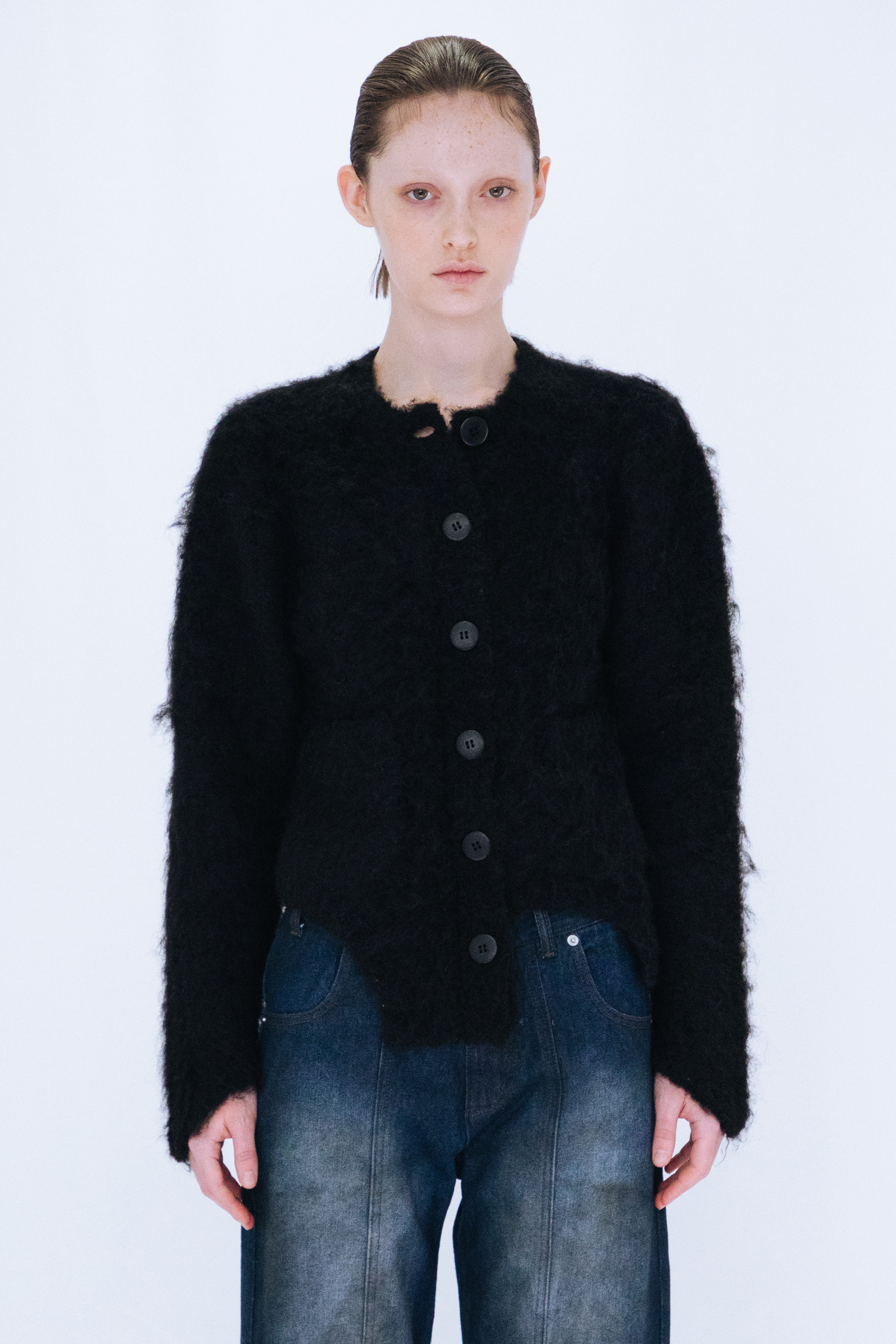 CUTTING MOHAIR KNIT CARDIGAN / BLACK