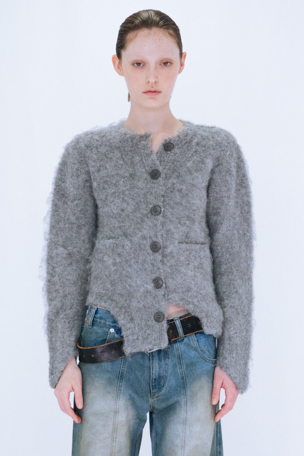 CUTTING MOHAIR KNIT CARDIGAN / GRAY – VIAVANDA