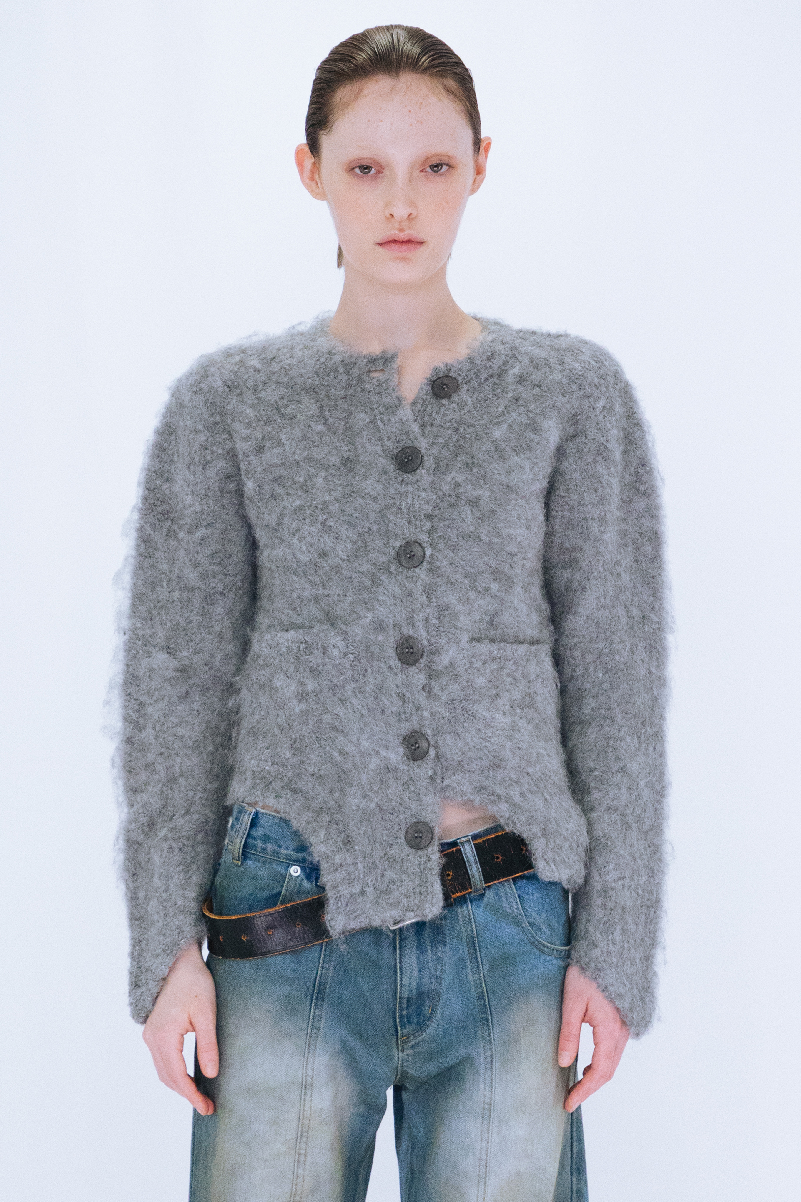 CUTTING MOHAIR KNIT CARDIGAN / GRAY