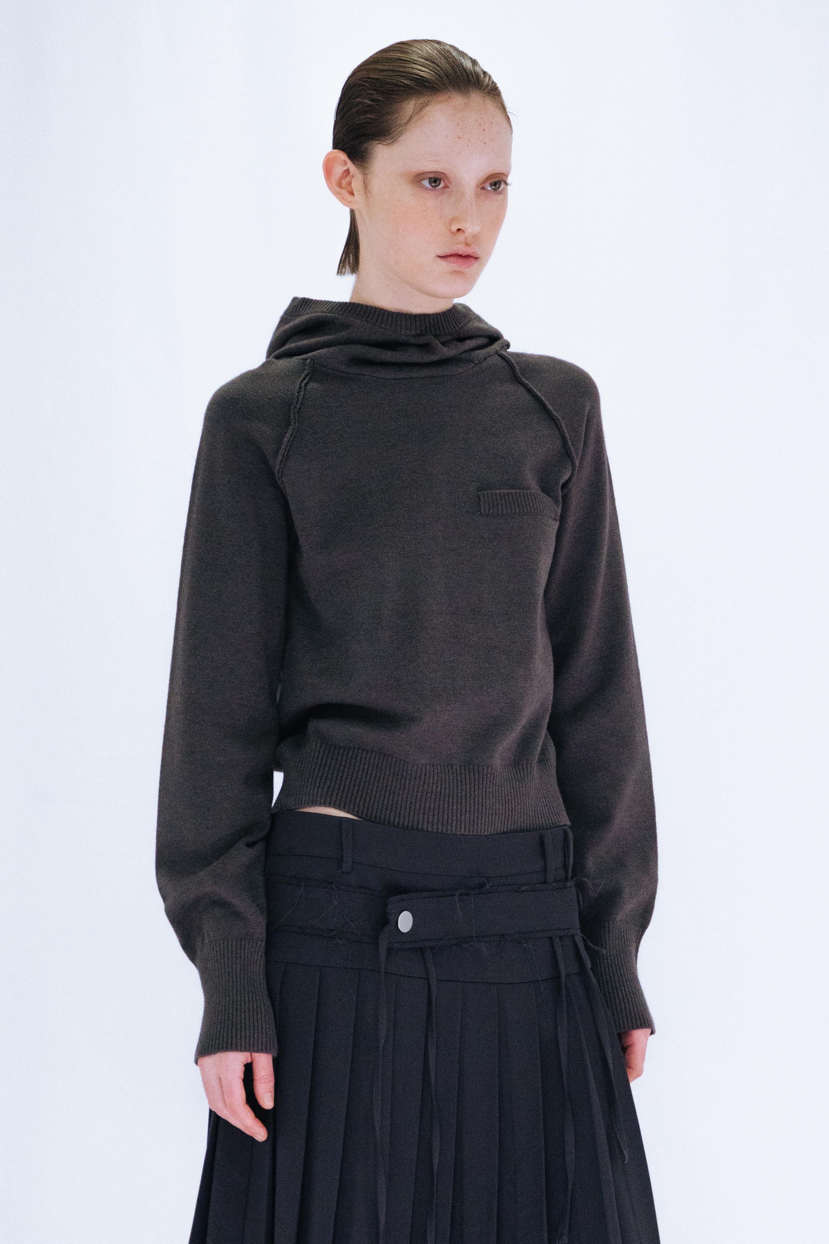 KNIT HOODIE TOP / GRAY