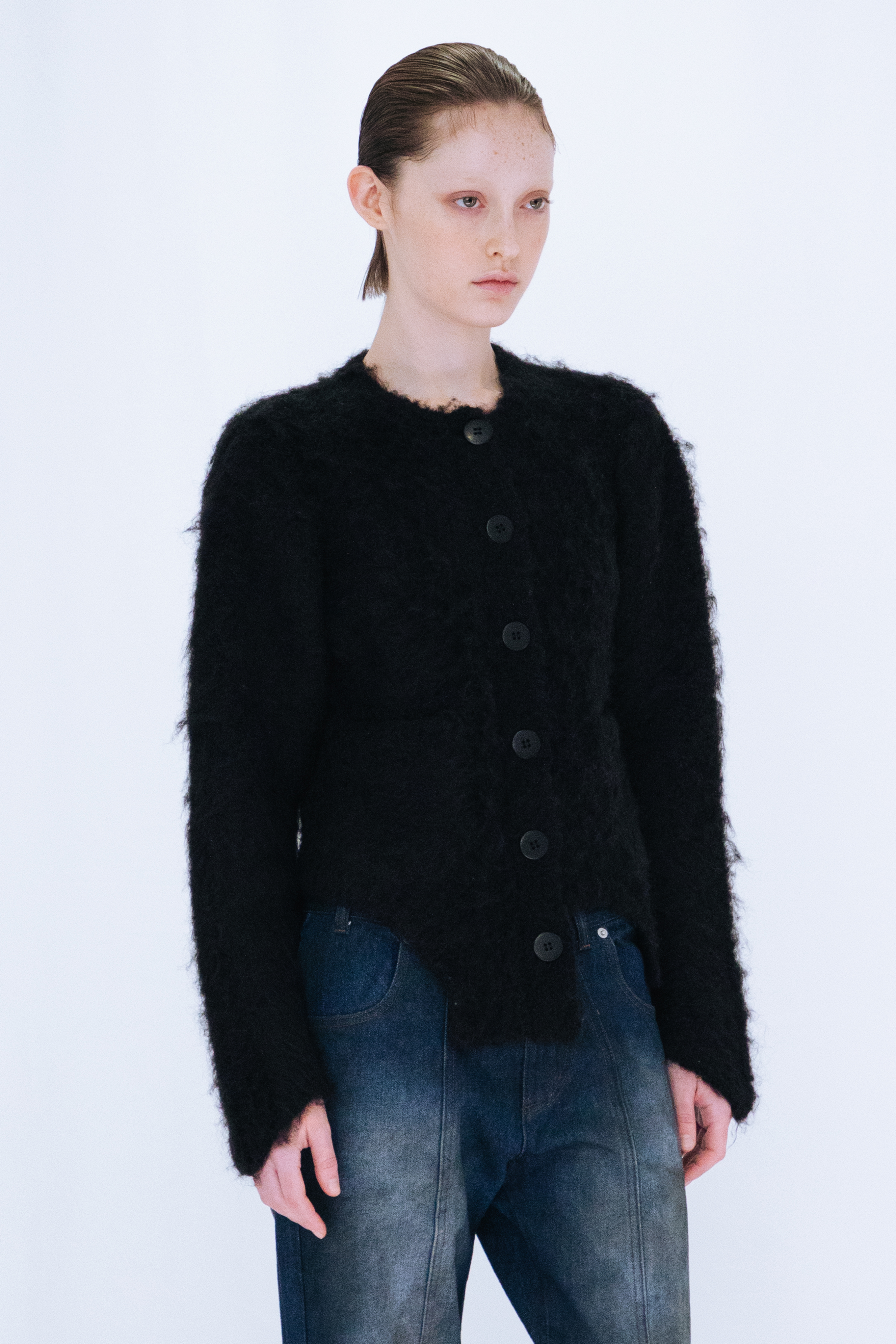 CUTTING MOHAIR KNIT CARDIGAN / BLACK