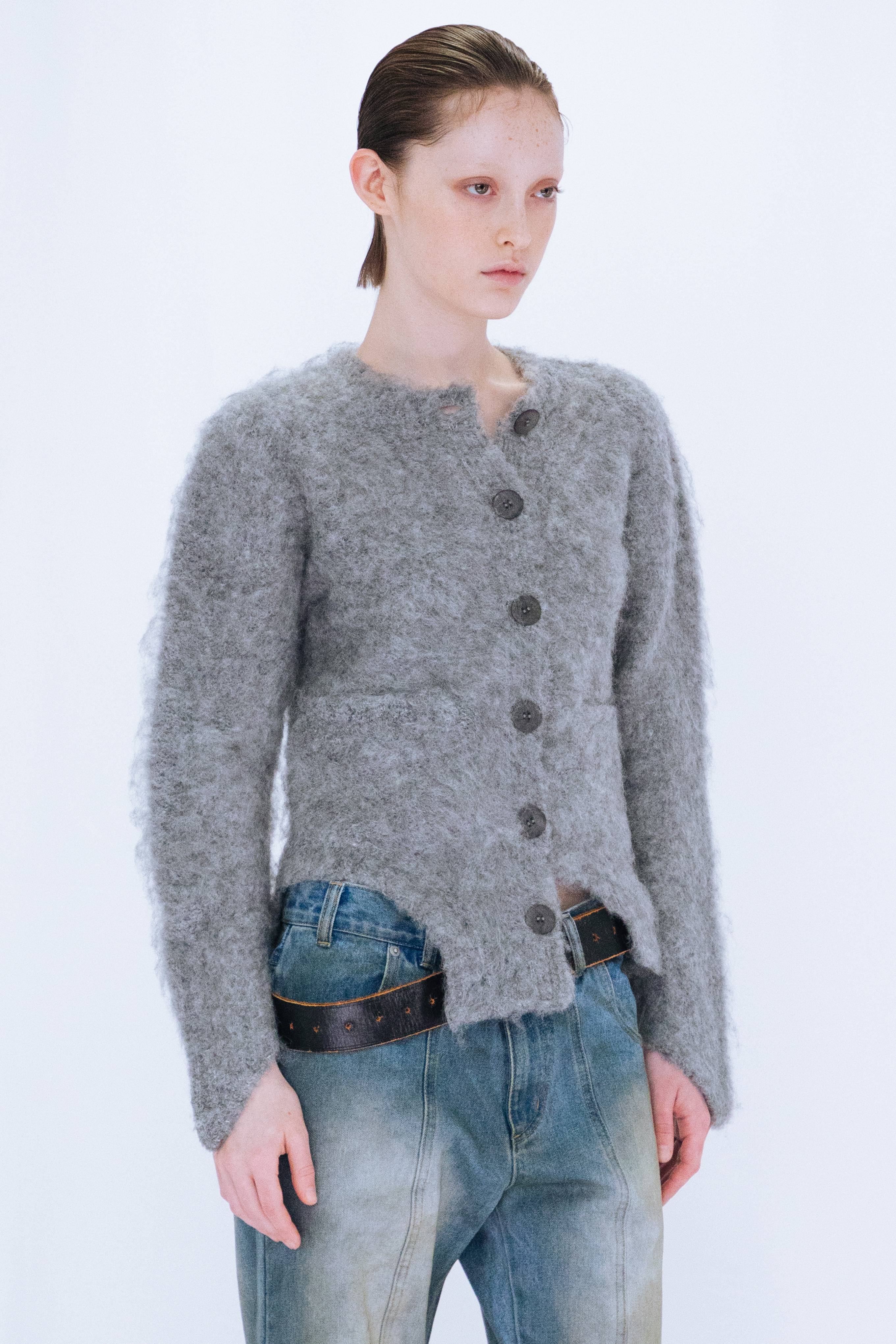CUTTING MOHAIR KNIT CARDIGAN / GRAY