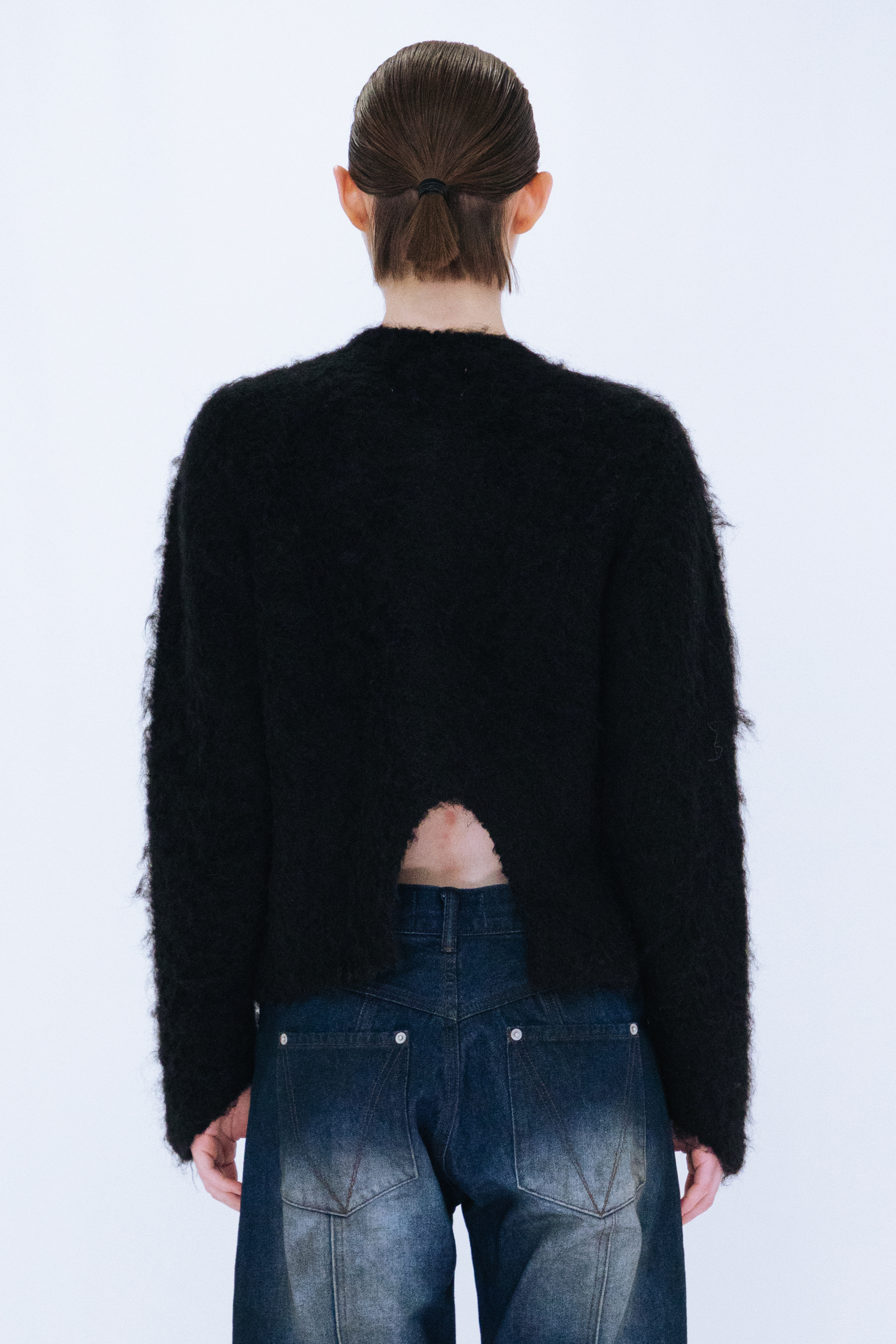 CUTTING MOHAIR KNIT CARDIGAN / BLACK
