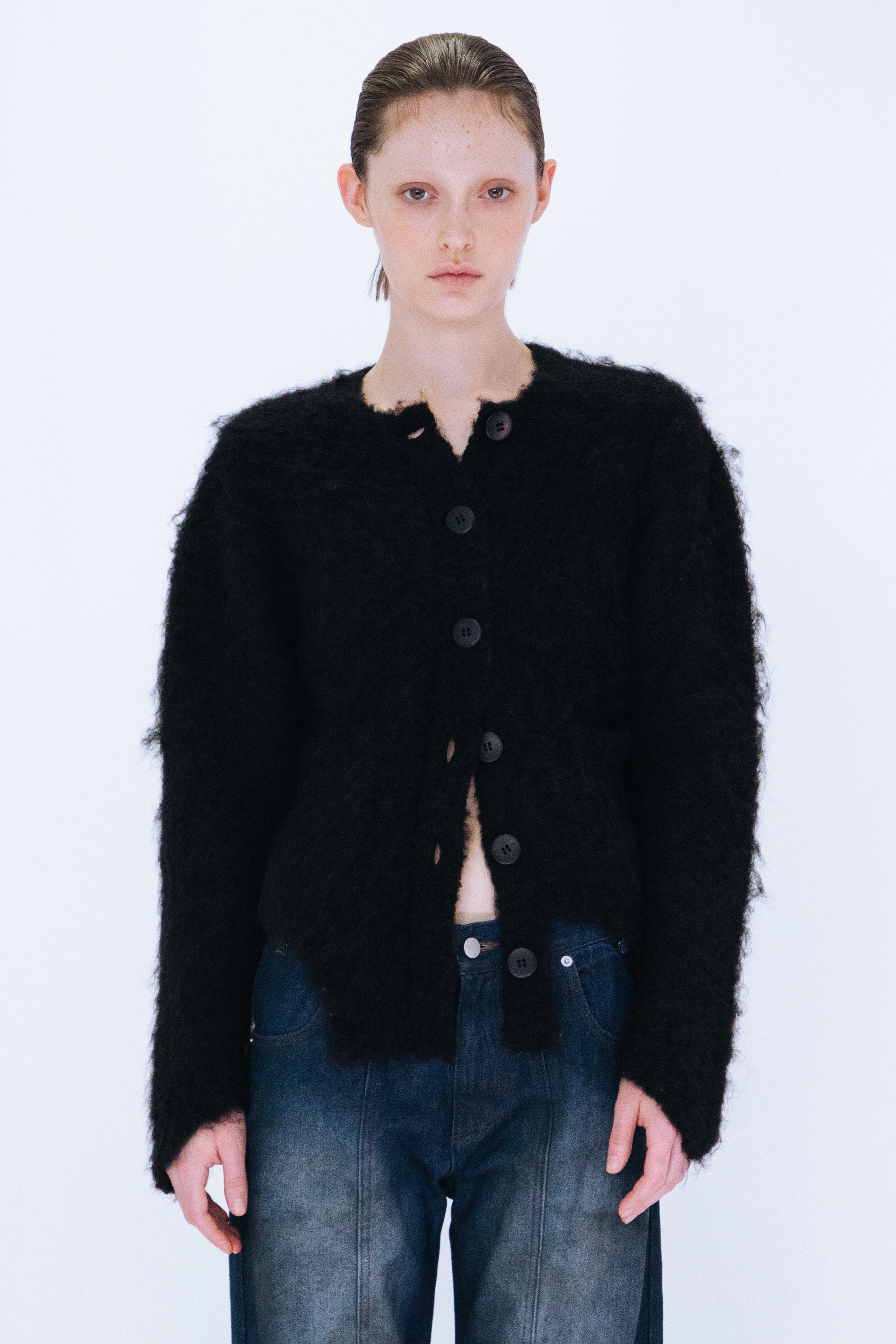 CUTTING MOHAIR KNIT CARDIGAN / BLACK