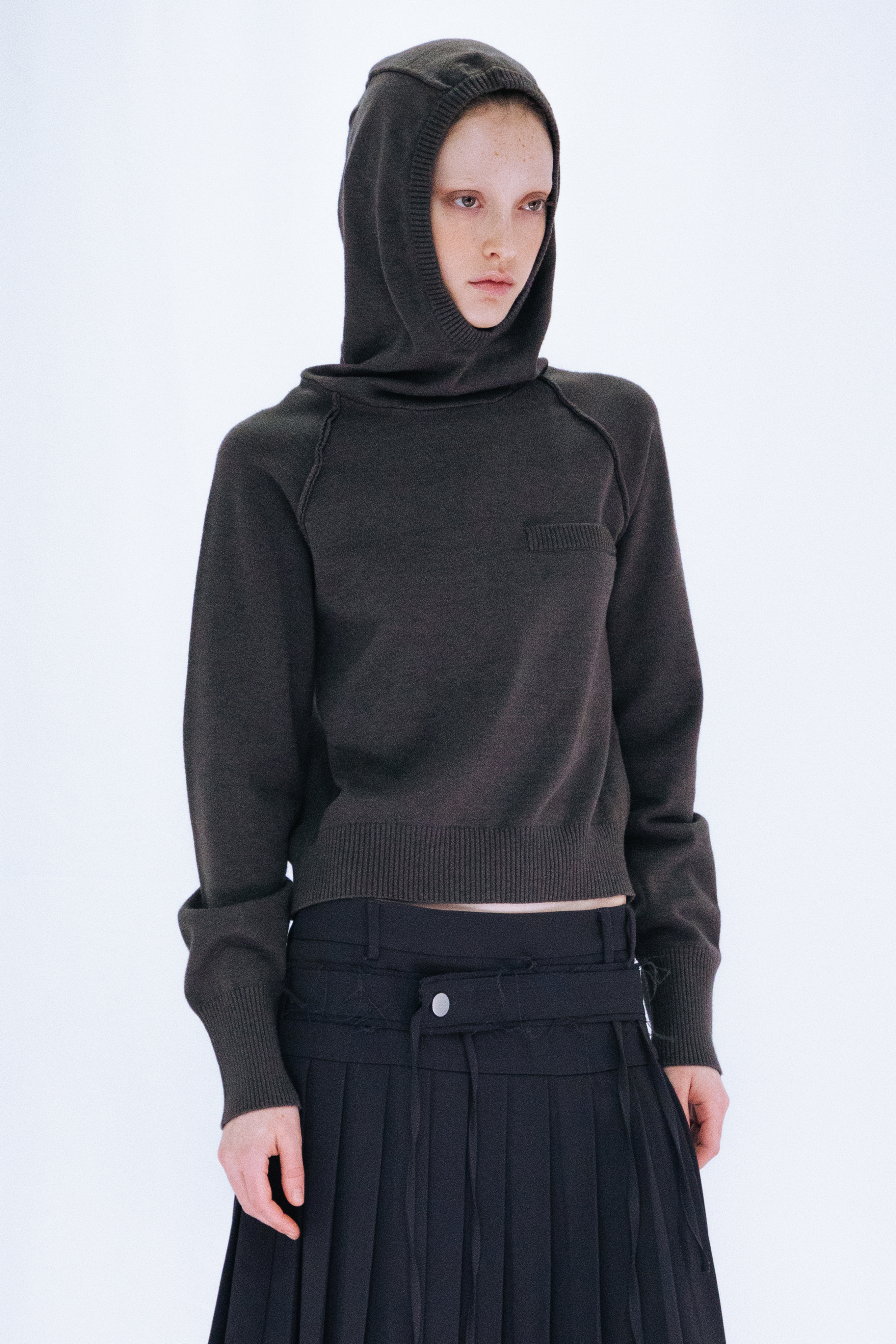 KNIT HOODIE TOP / GRAY