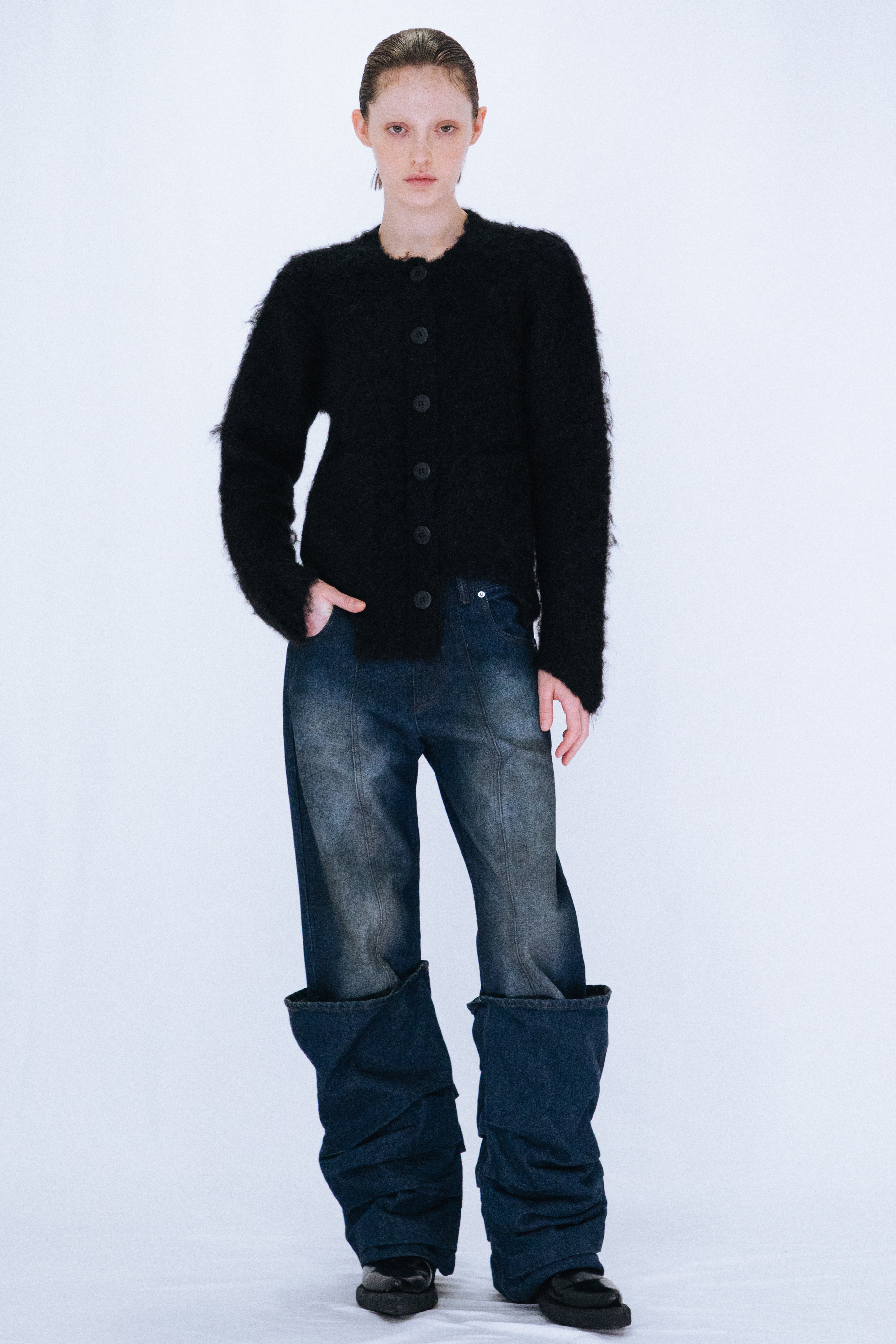 CUTTING MOHAIR KNIT CARDIGAN / BLACK