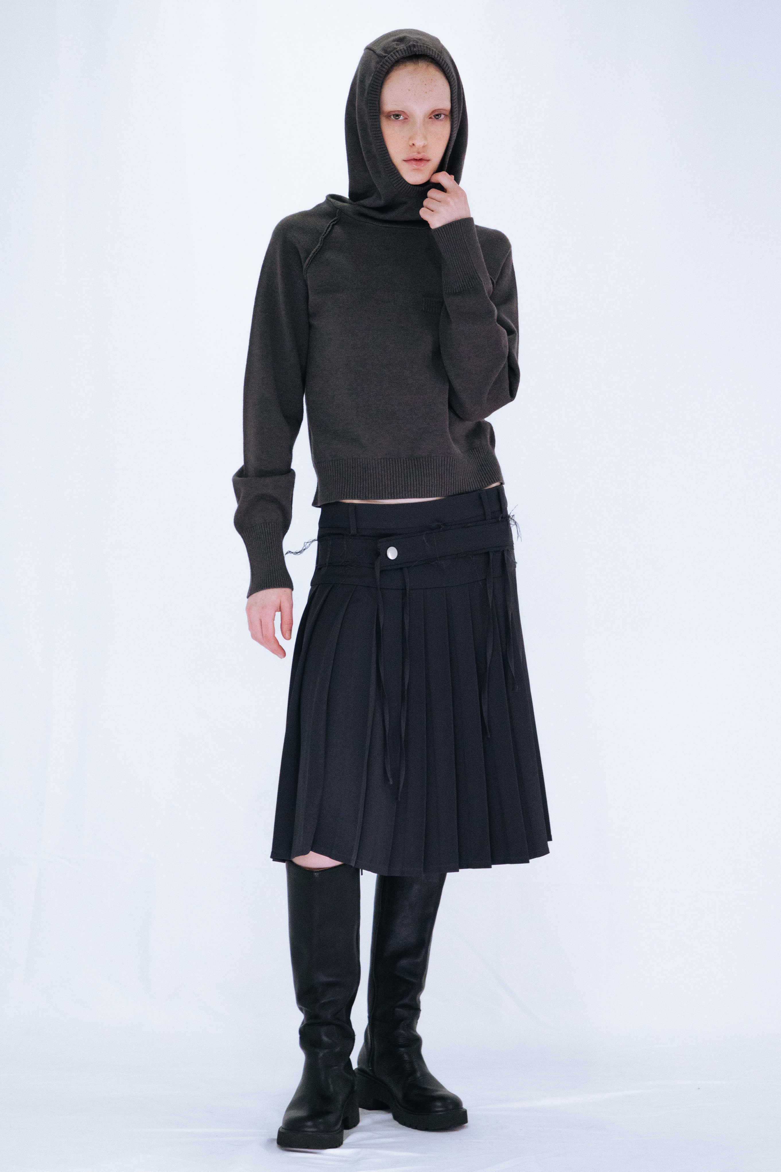 KNIT HOODIE TOP / GRAY