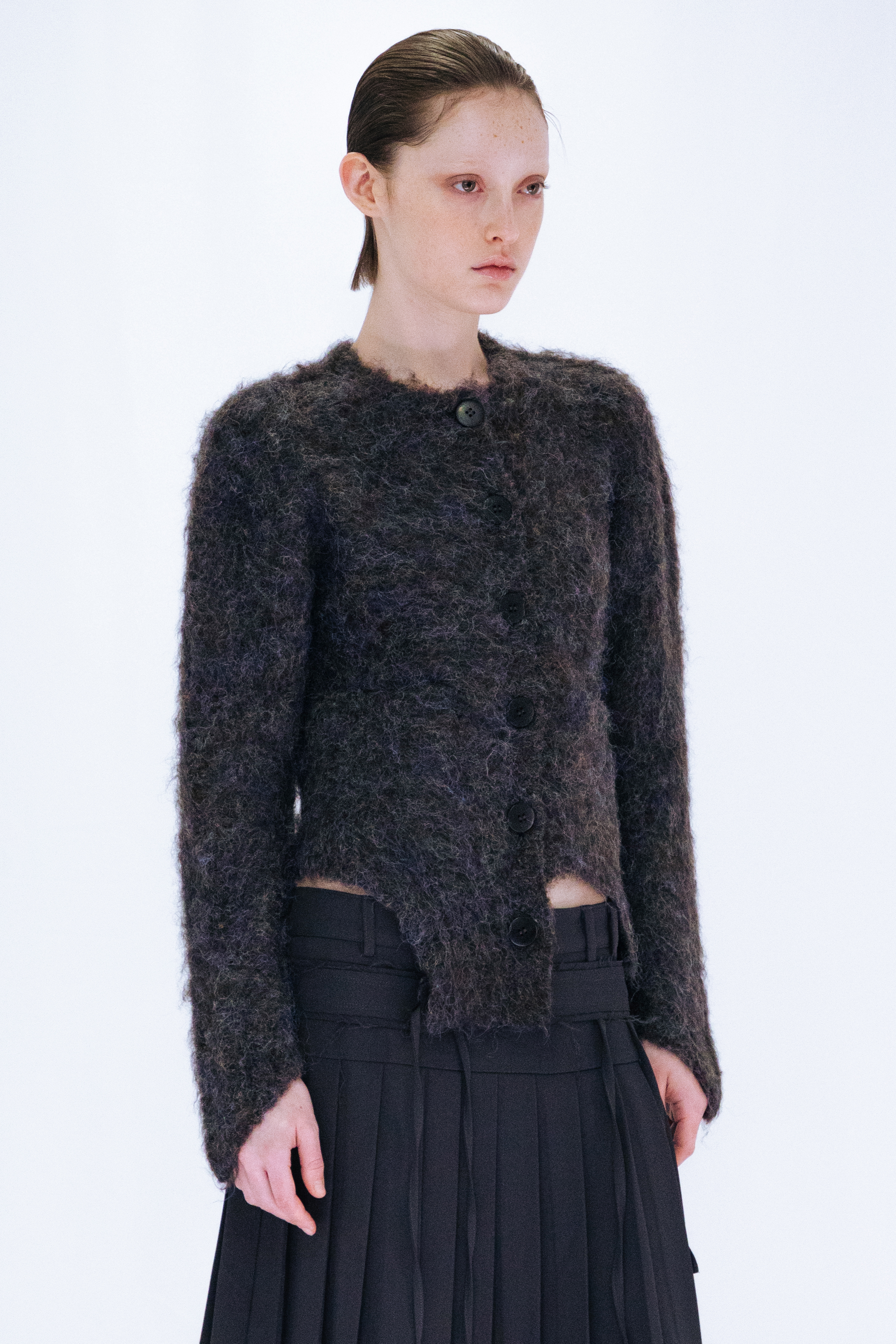 CUTTING MOHAIR KNIT CARDIGAN / BROWN