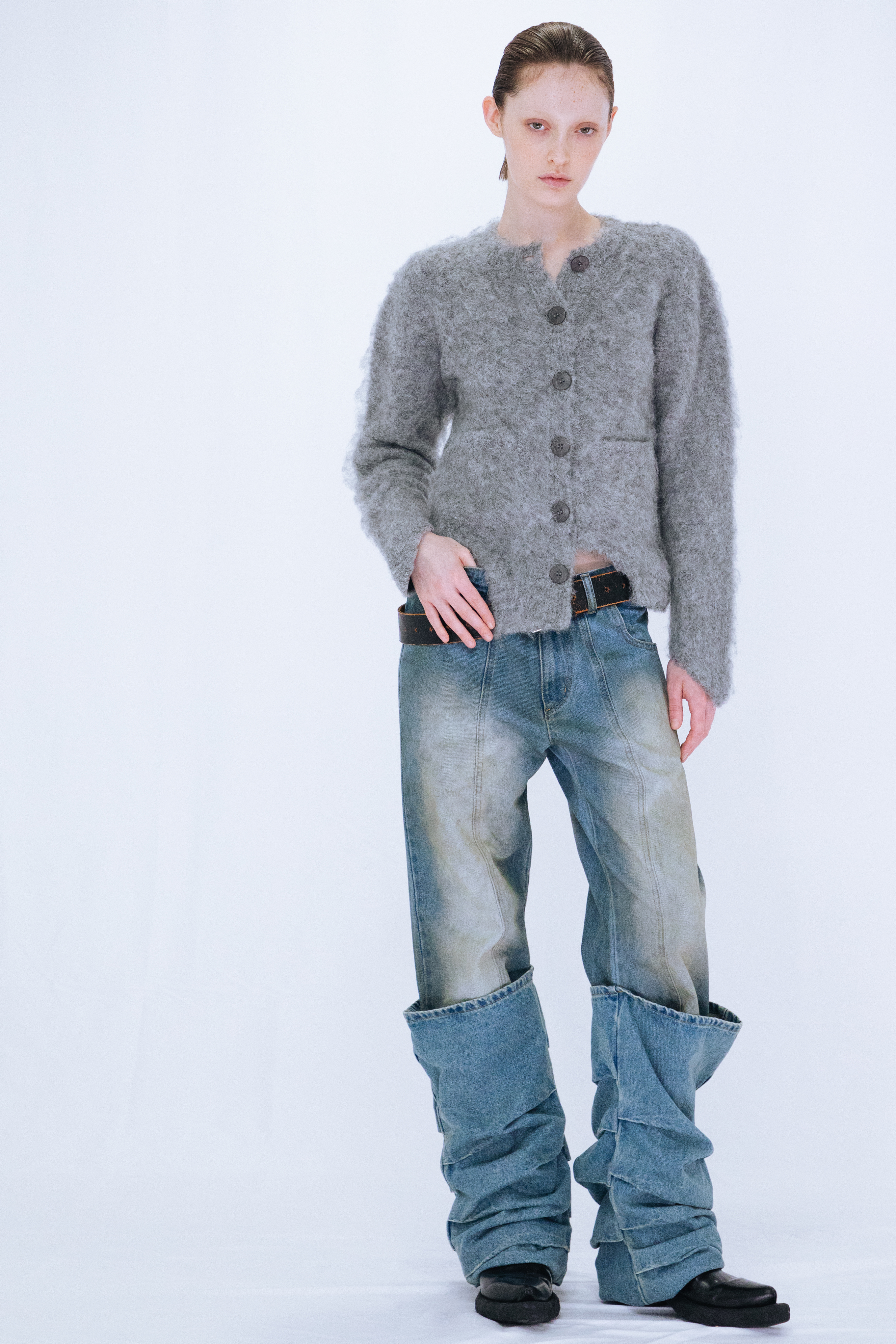 CUTTING MOHAIR KNIT CARDIGAN / GRAY