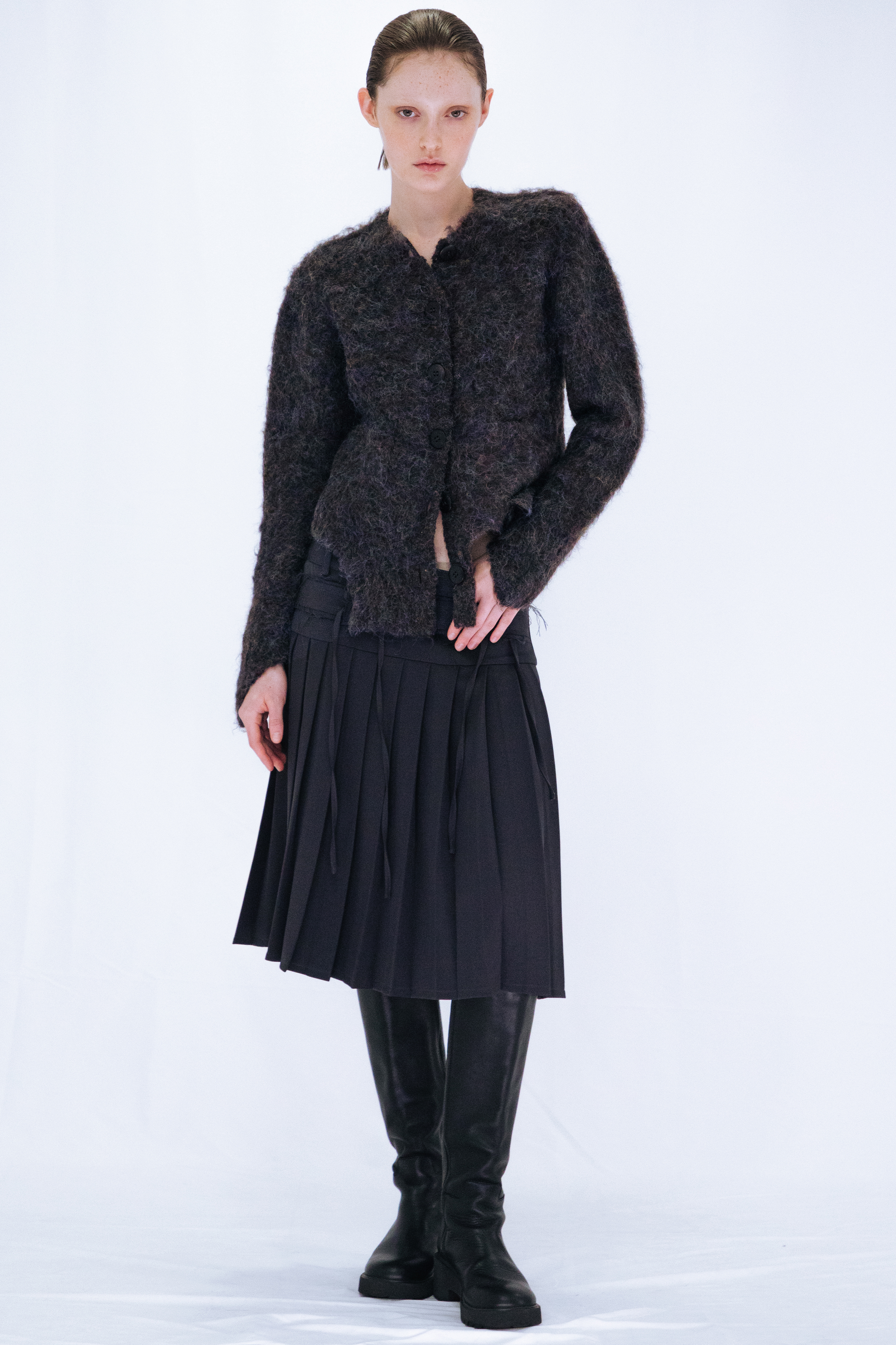 CUTTING MOHAIR KNIT CARDIGAN / BROWN