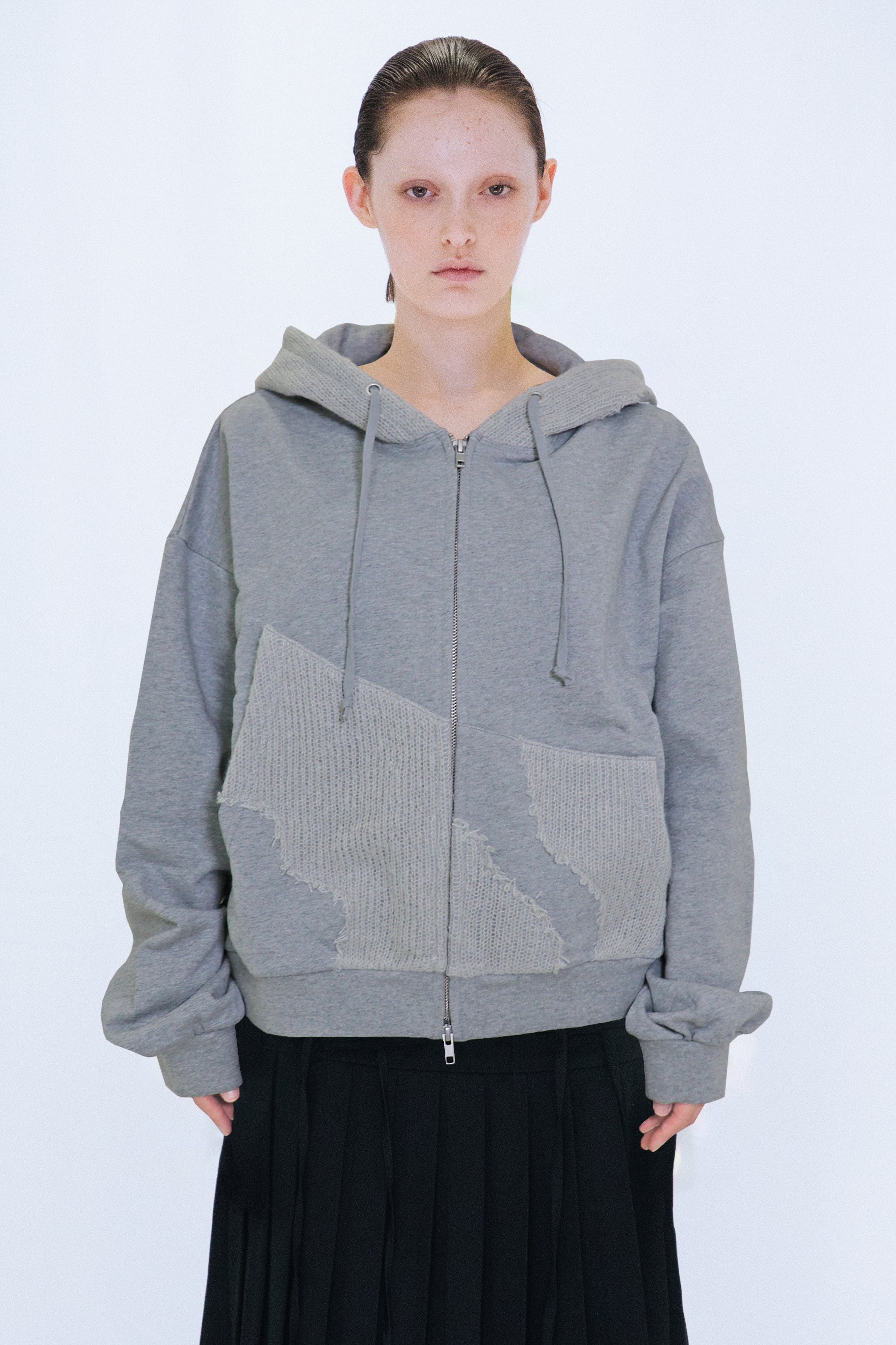 KNIT LAYERED HOODIE / GRAY