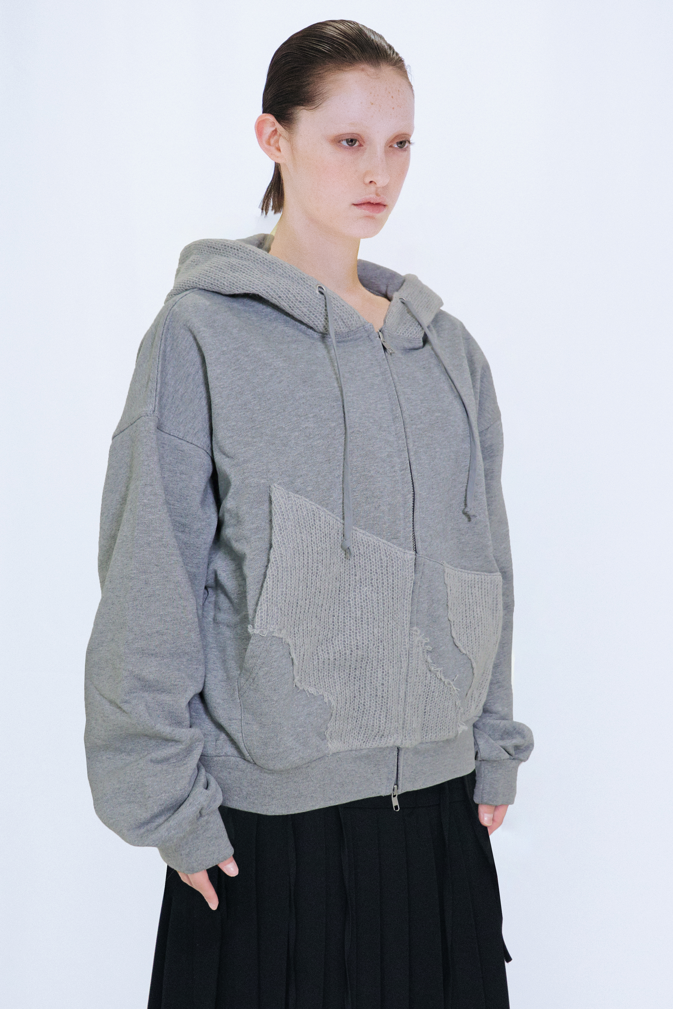 KNIT LAYERED HOODIE / GRAY