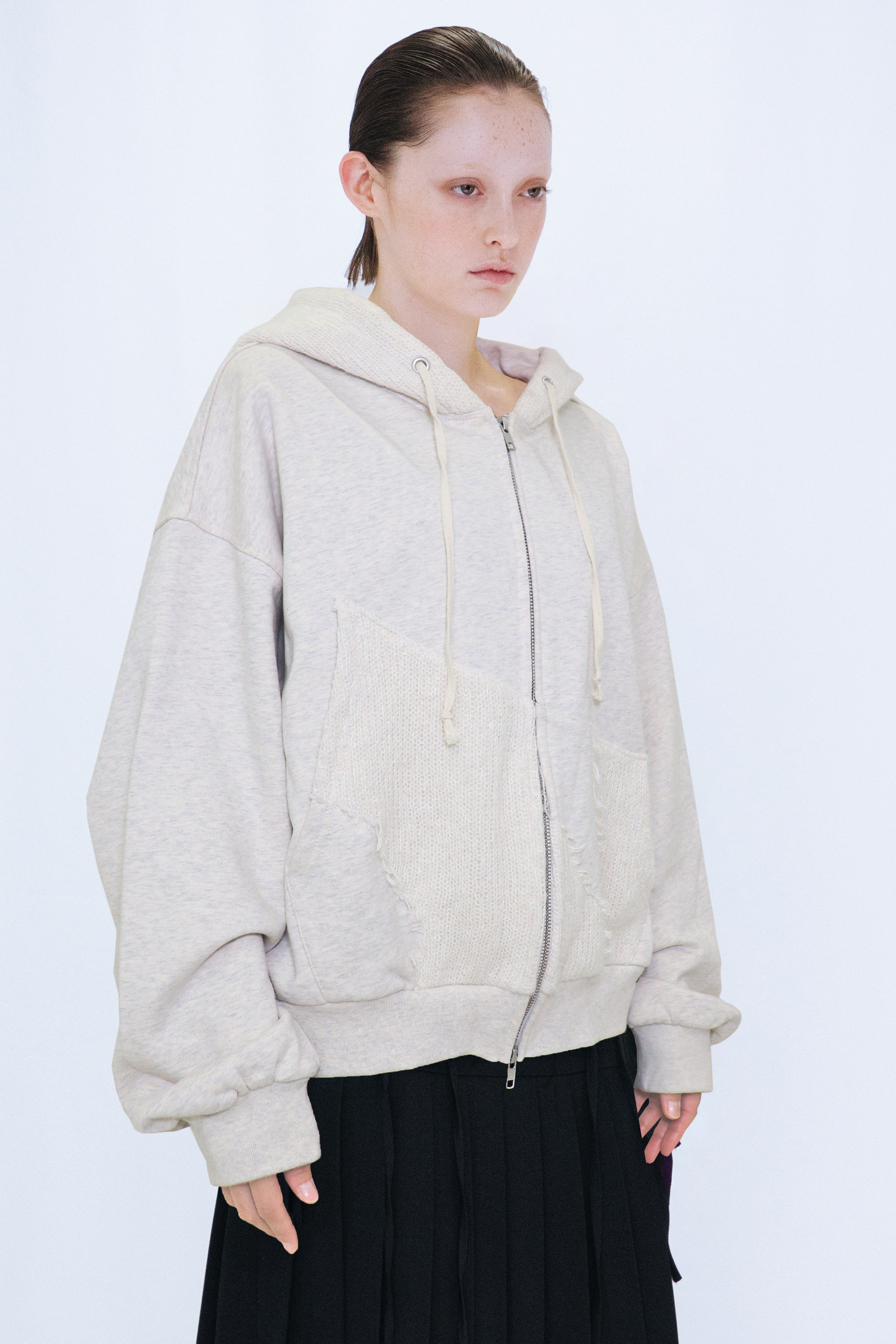 KNIT LAYERED HOODIE / OATMEAL