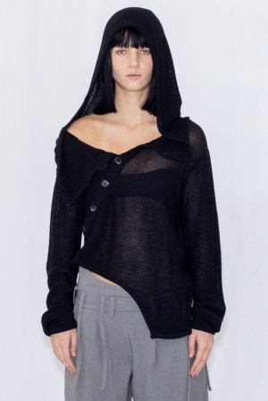 OPEN KNIT HOODED TOP / BLACK