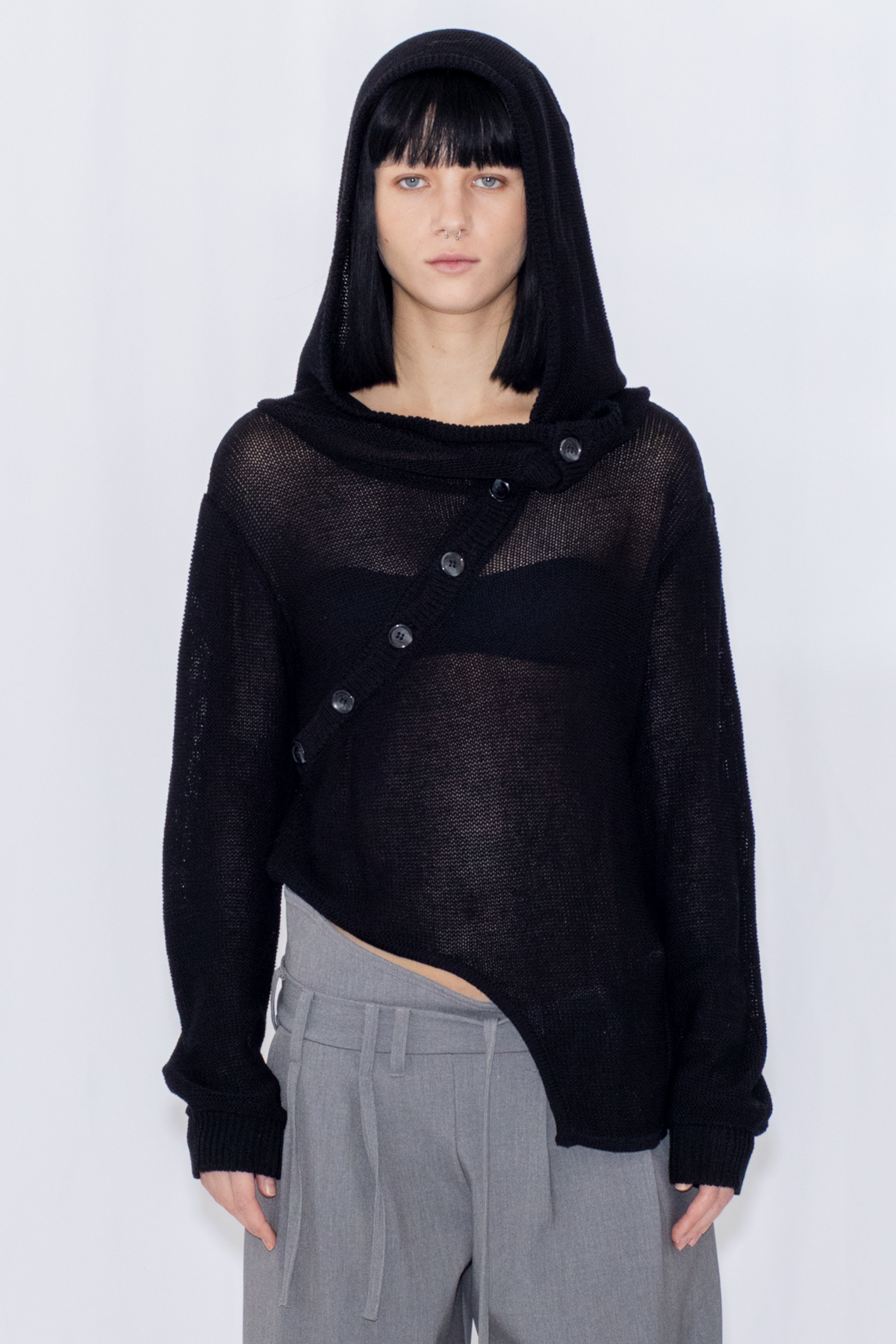 【POP UP】OPEN KNIT HOODED TOP / BLACK