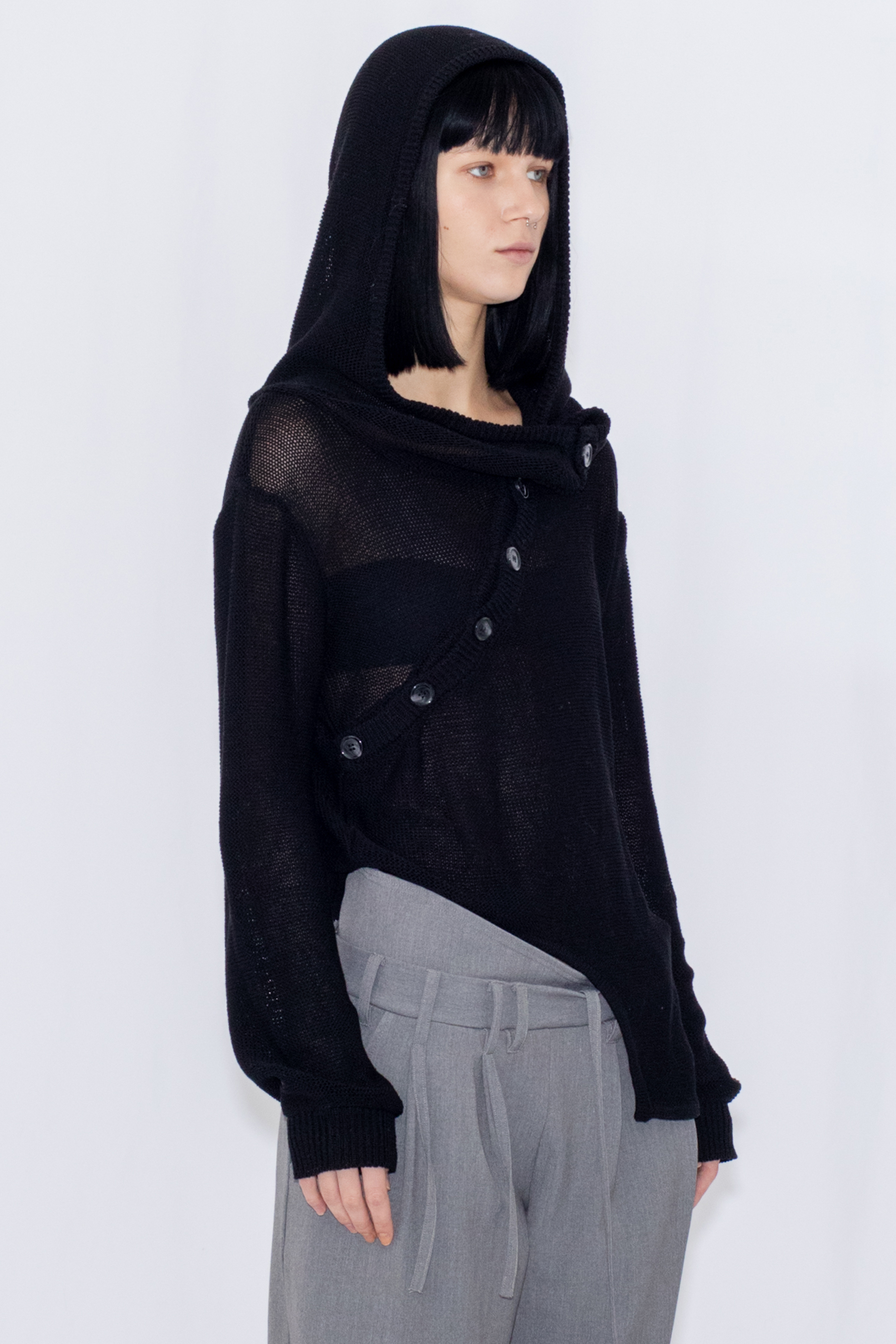 【POP UP】OPEN KNIT HOODED TOP / BLACK