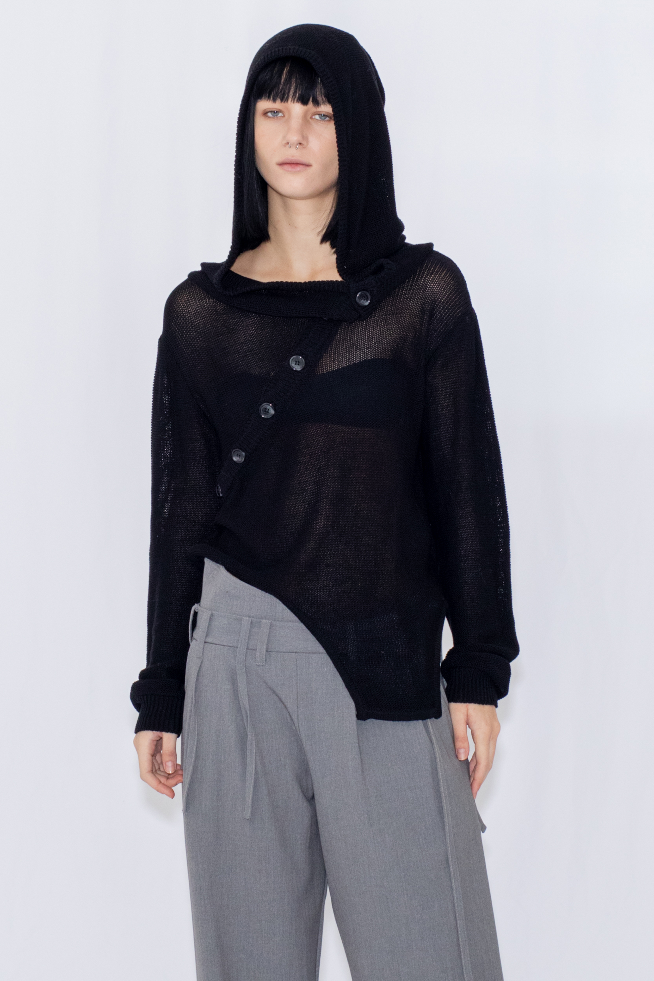 【POP UP】OPEN KNIT HOODED TOP / BLACK