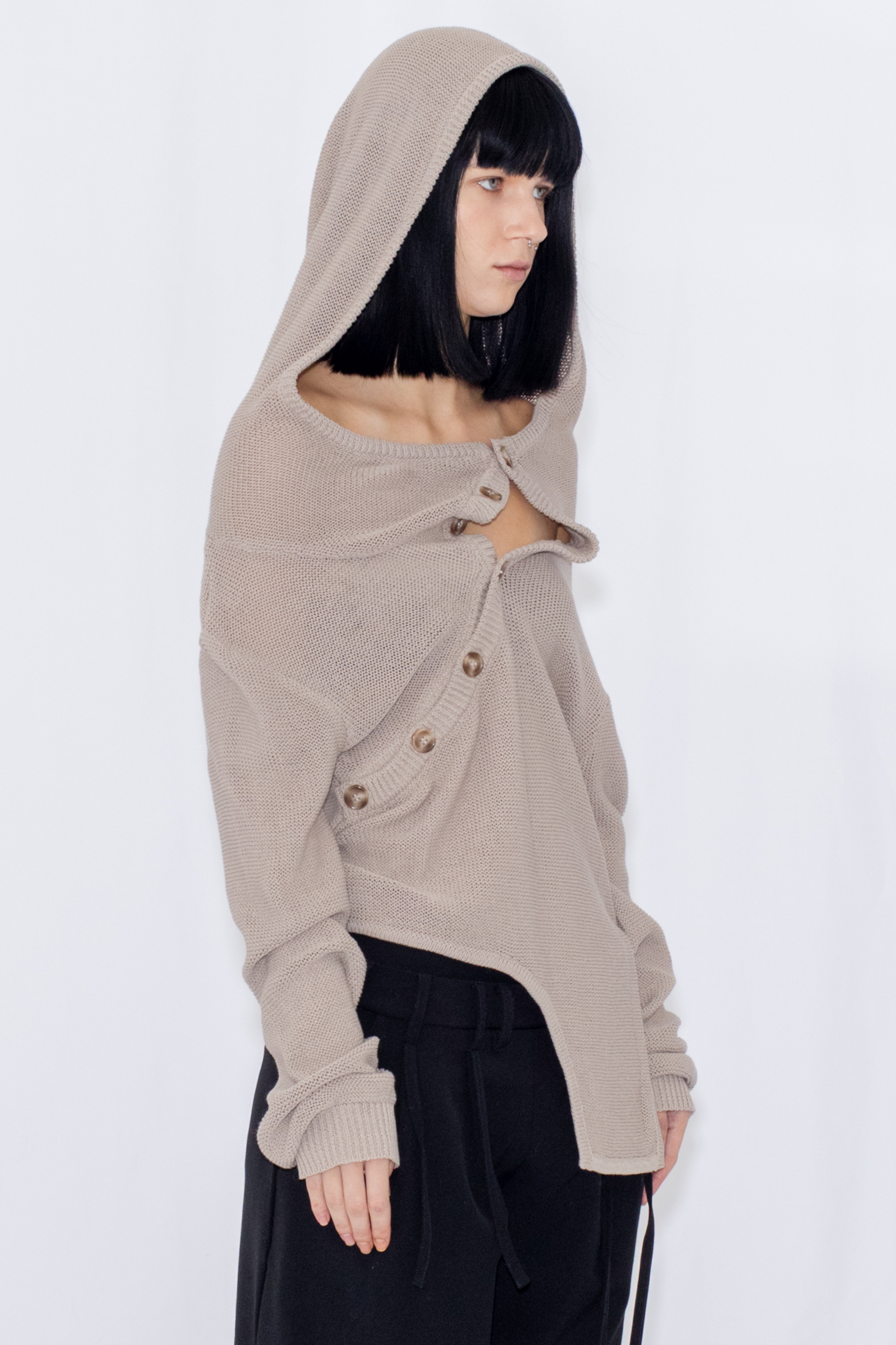 【POP UP】OPEN KNIT HOODED TOP / GRAY