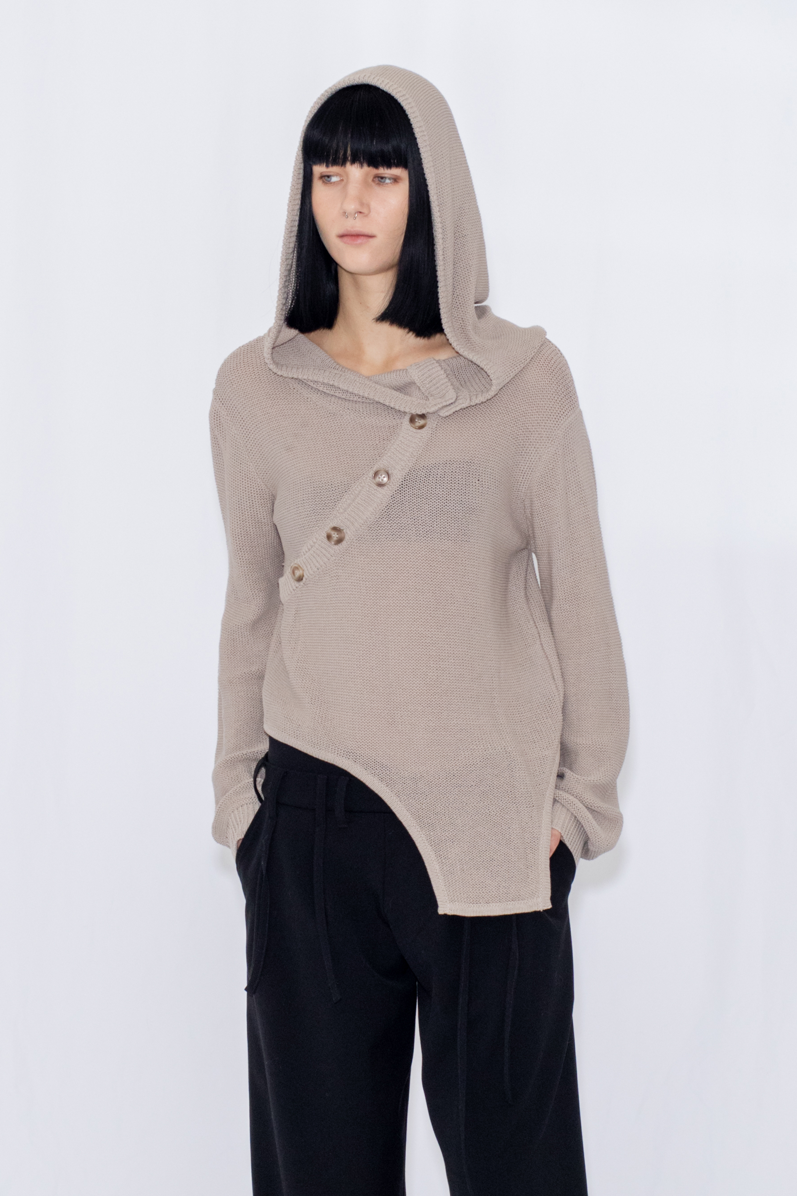【POP UP】OPEN KNIT HOODED TOP / GRAY
