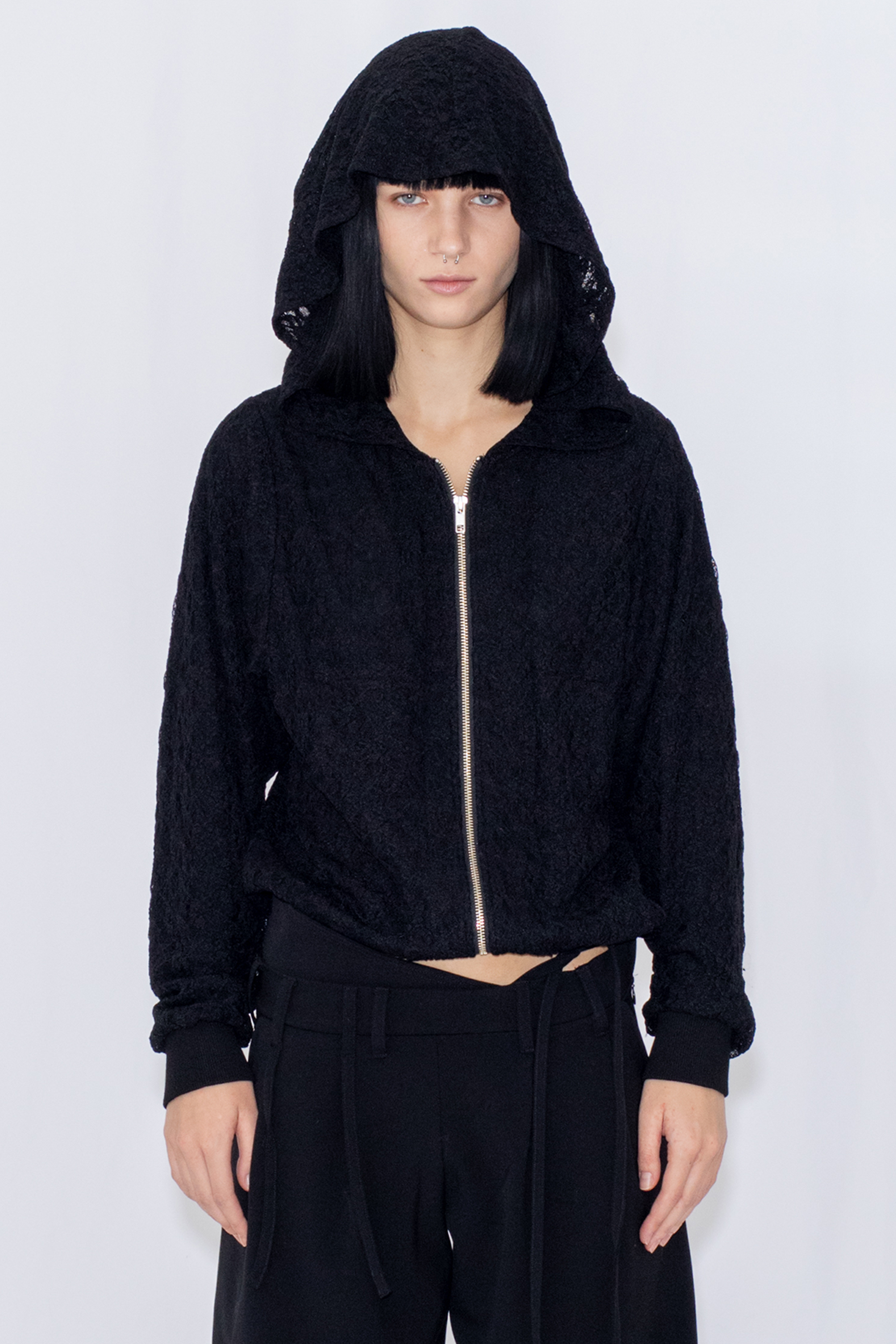 LACE DOUBLE ZIP HOODIE / BLACK