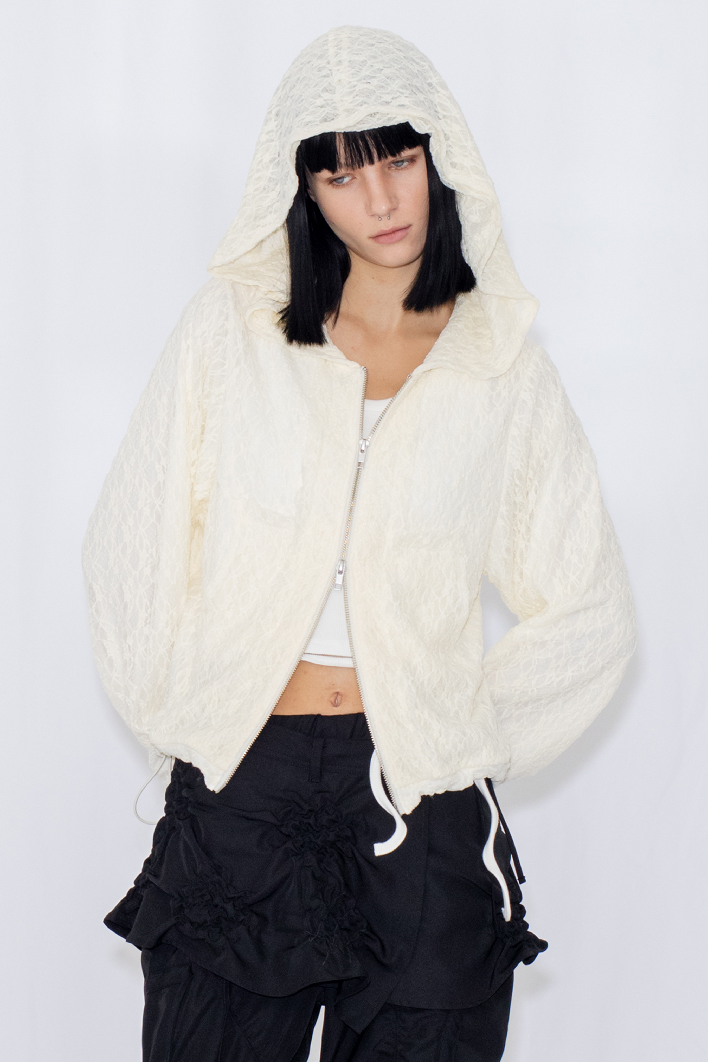 LACE DOUBLE ZIP HOODIE / IVORY
