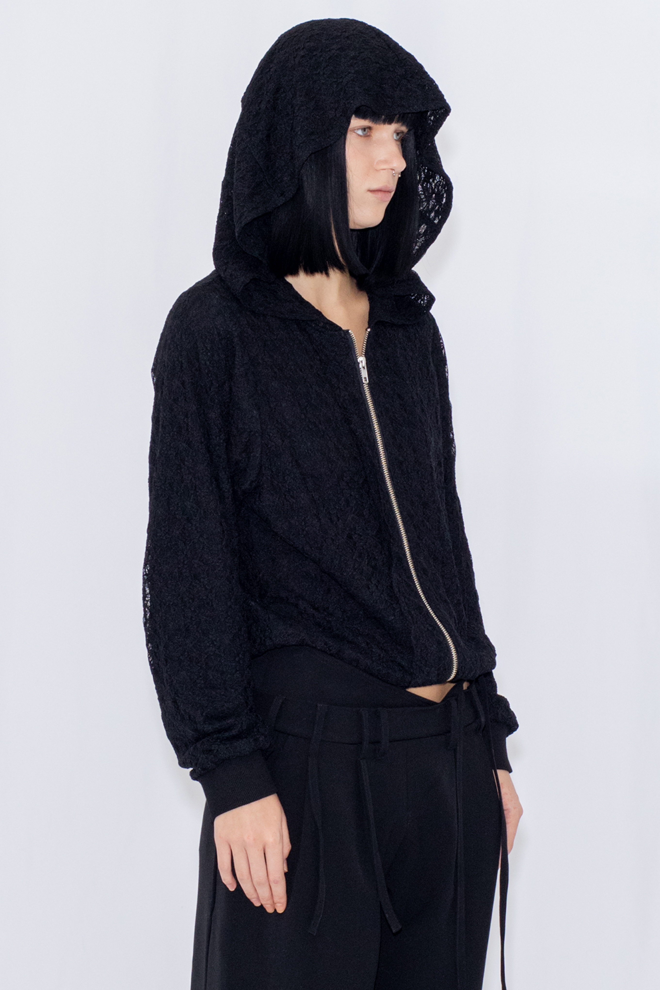 LACE DOUBLE ZIP HOODIE / BLACK