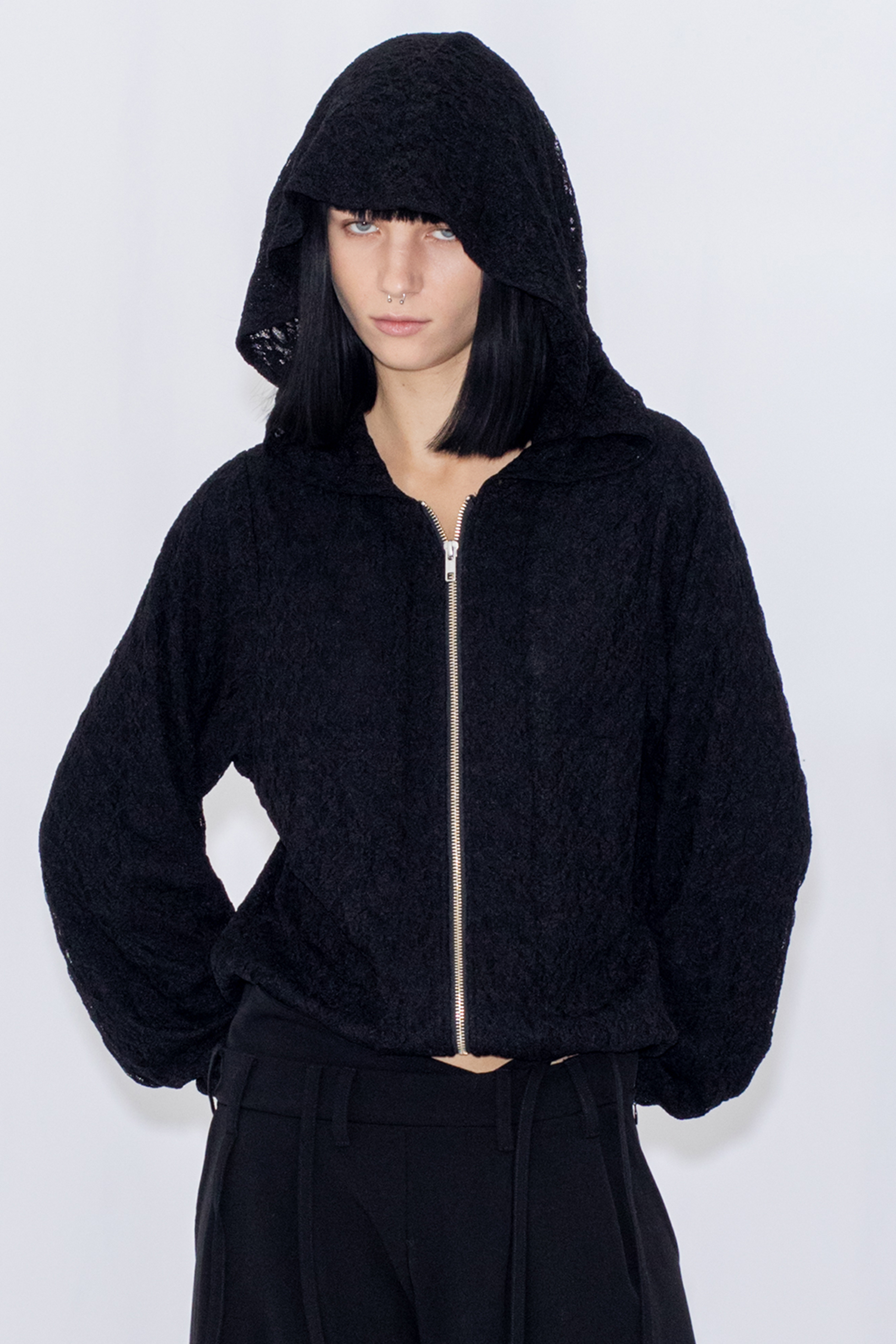 LACE DOUBLE ZIP HOODIE / BLACK