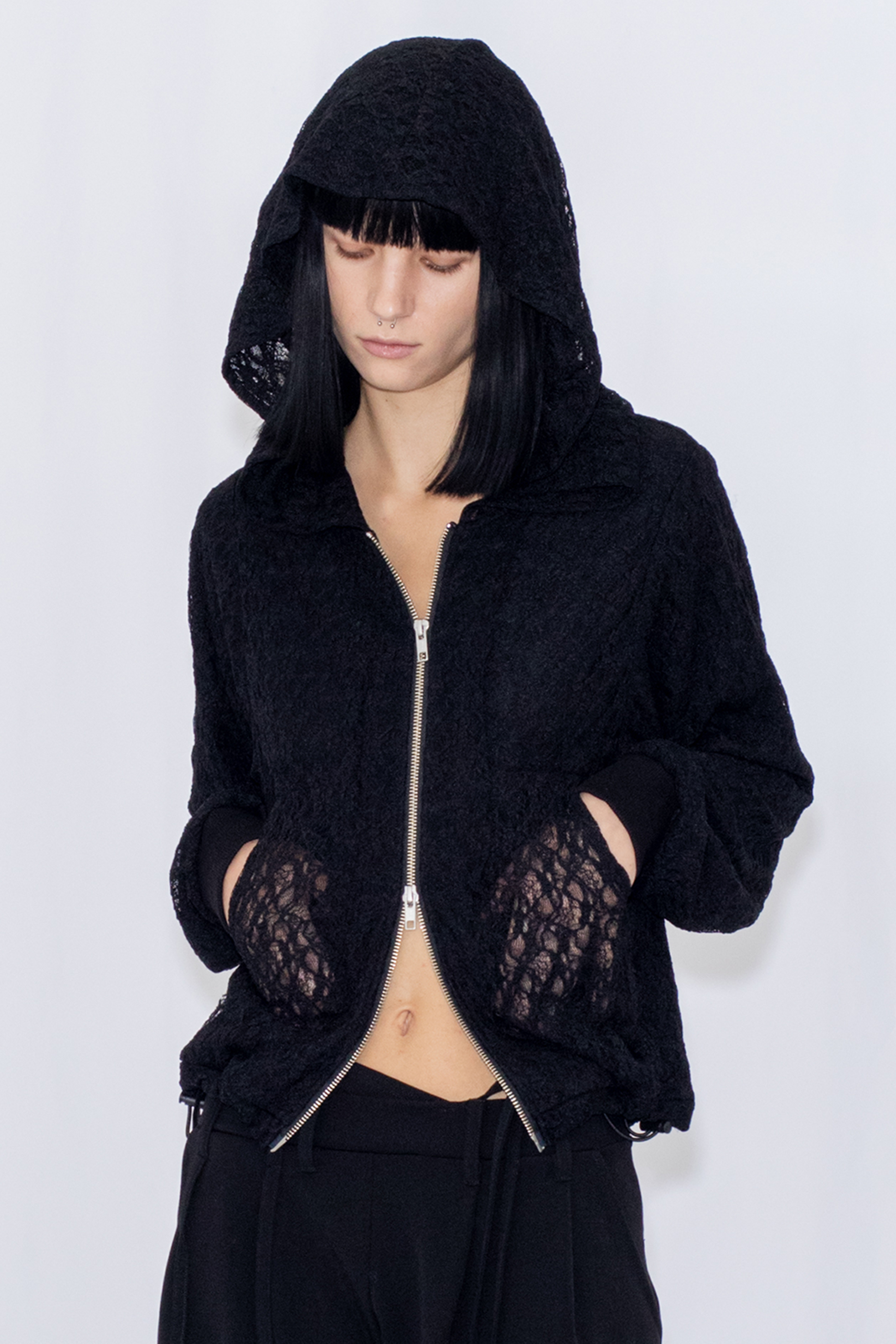 LACE DOUBLE ZIP HOODIE / BLACK