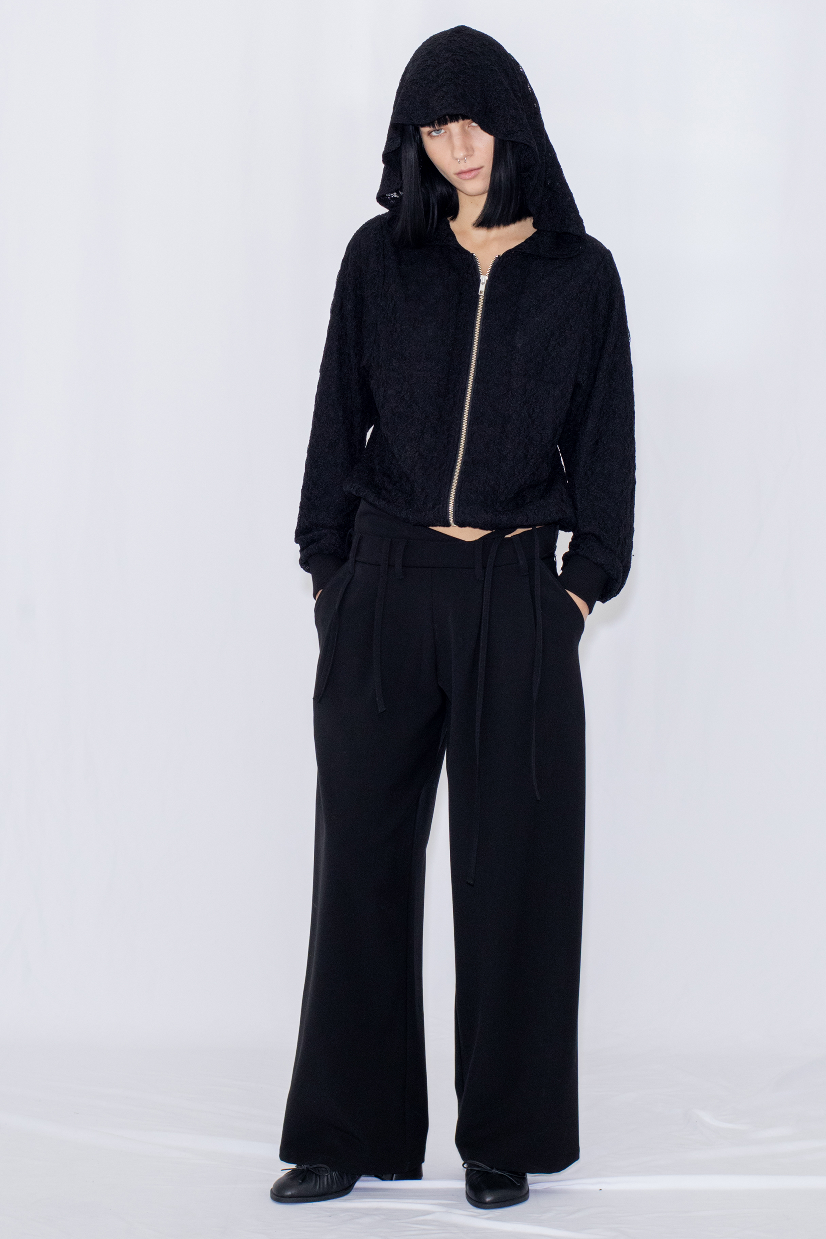 LACE DOUBLE ZIP HOODIE / BLACK