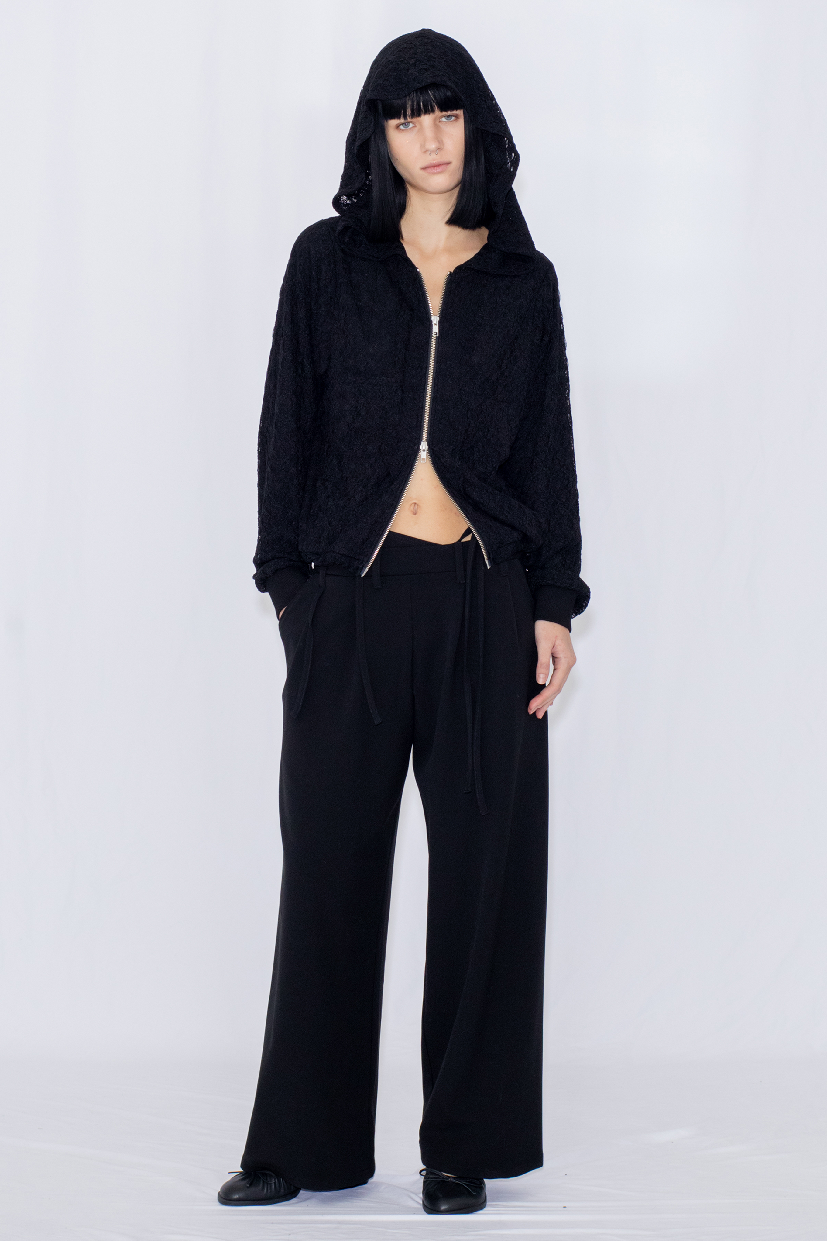 LACE DOUBLE ZIP HOODIE / BLACK